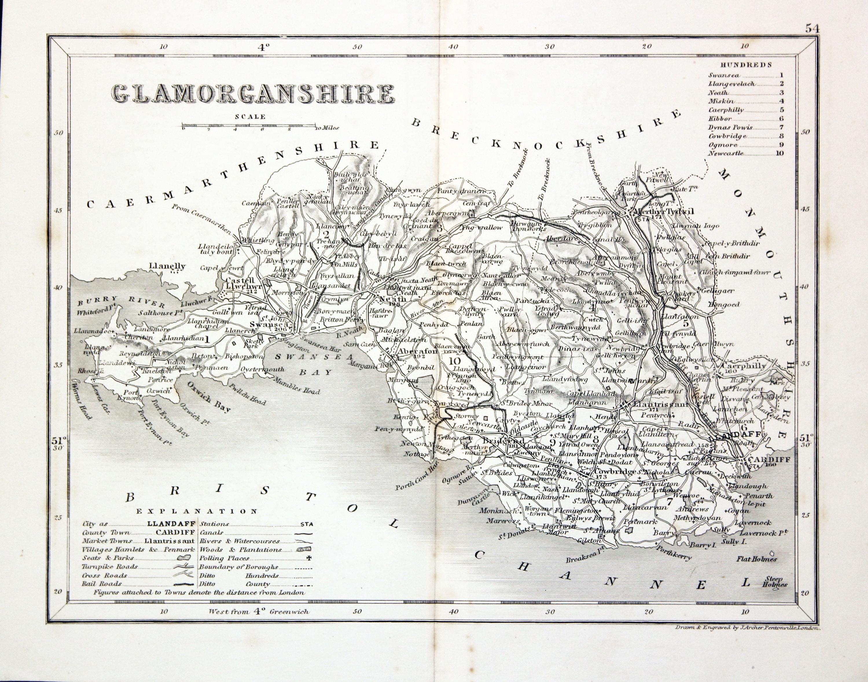 Map of Glamorganshire by Joshua Archer c.1842  Map of Glamorganshire by Joshua Archer c.1842