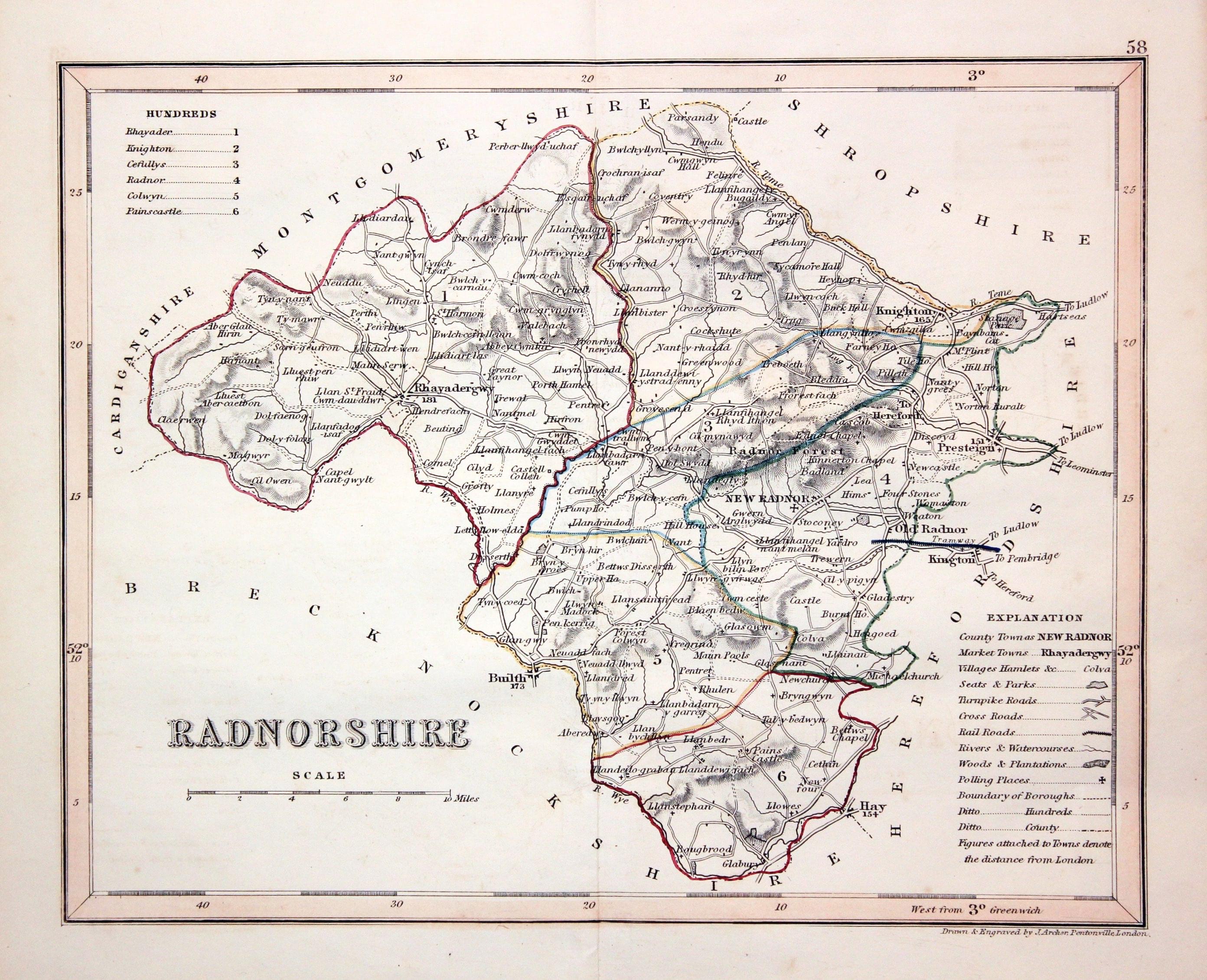 Map of Radnorshire by Joshua Archer c.1842  Map of Radnorshire by Joshua Archer c.1842