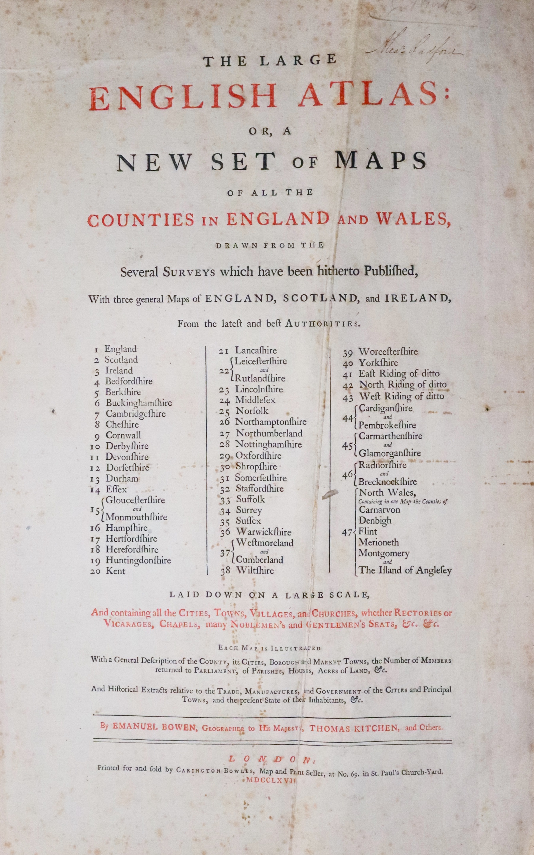 Large English Atlas by Emanuel Bowen Titlepage 1767