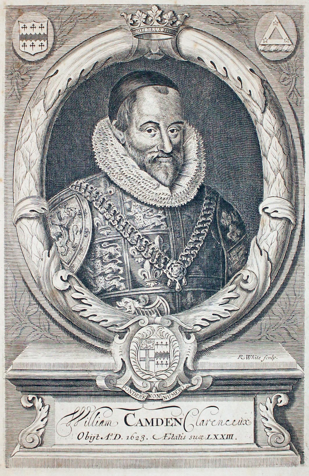Portrait of William Camden engraved by R. White  Portrait of William Camden engraved by R. White