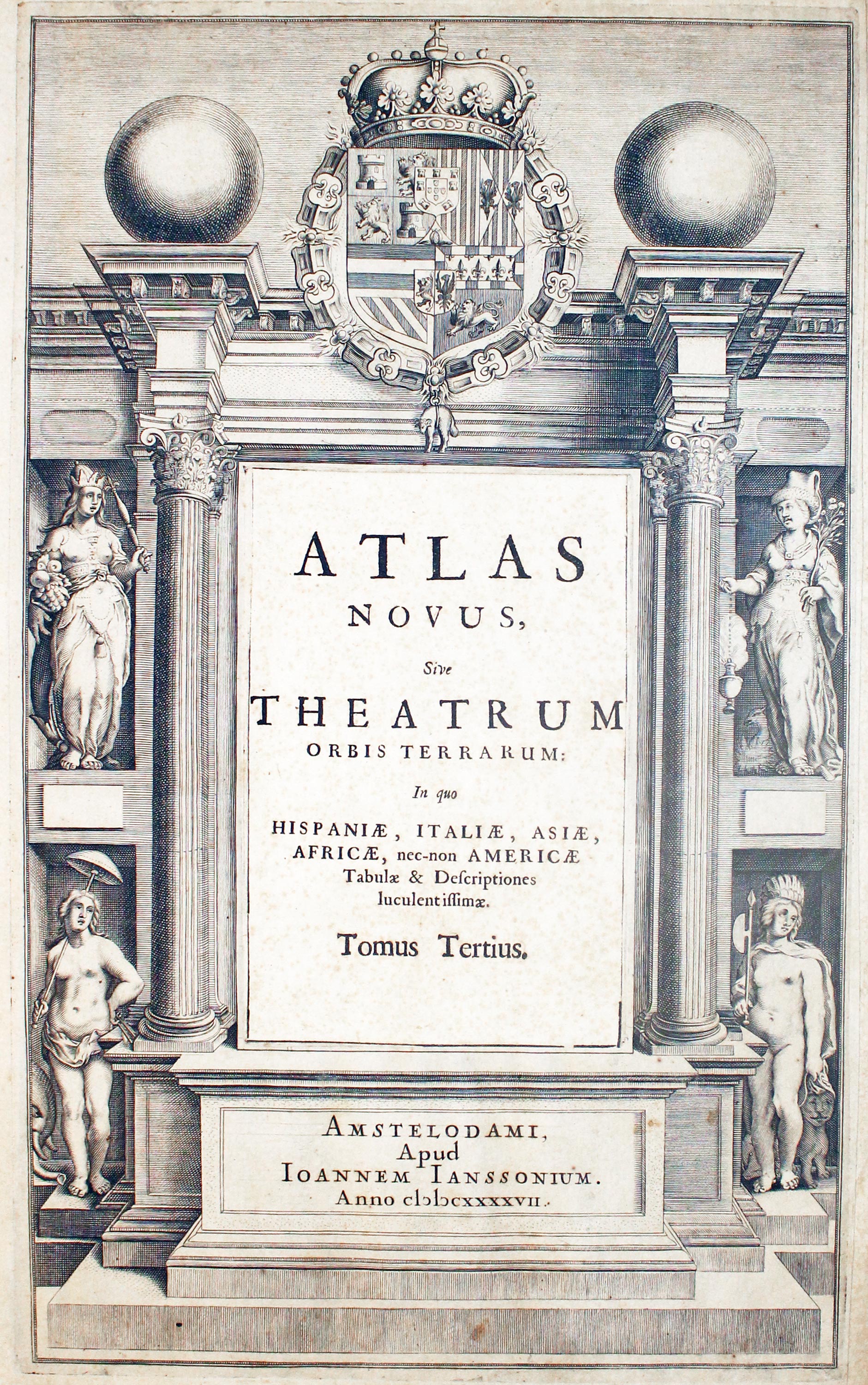 1647 frontispiece to Jansson's atllas of Spain, Italy, Asia, Africa and America
