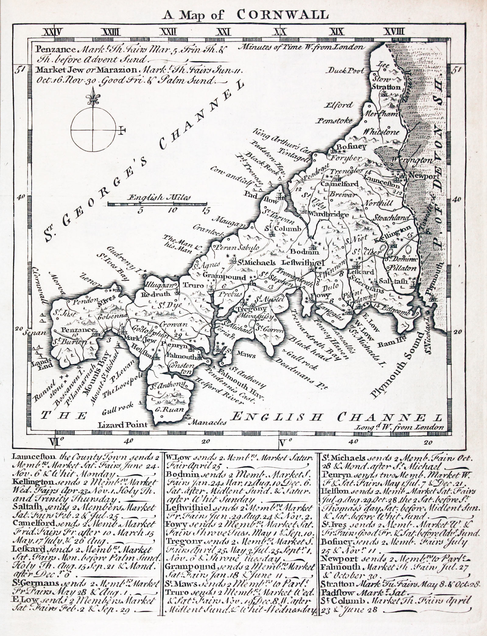 Map of Cornwall by Thomas Kitchin and Thomas Jeffereys 1749