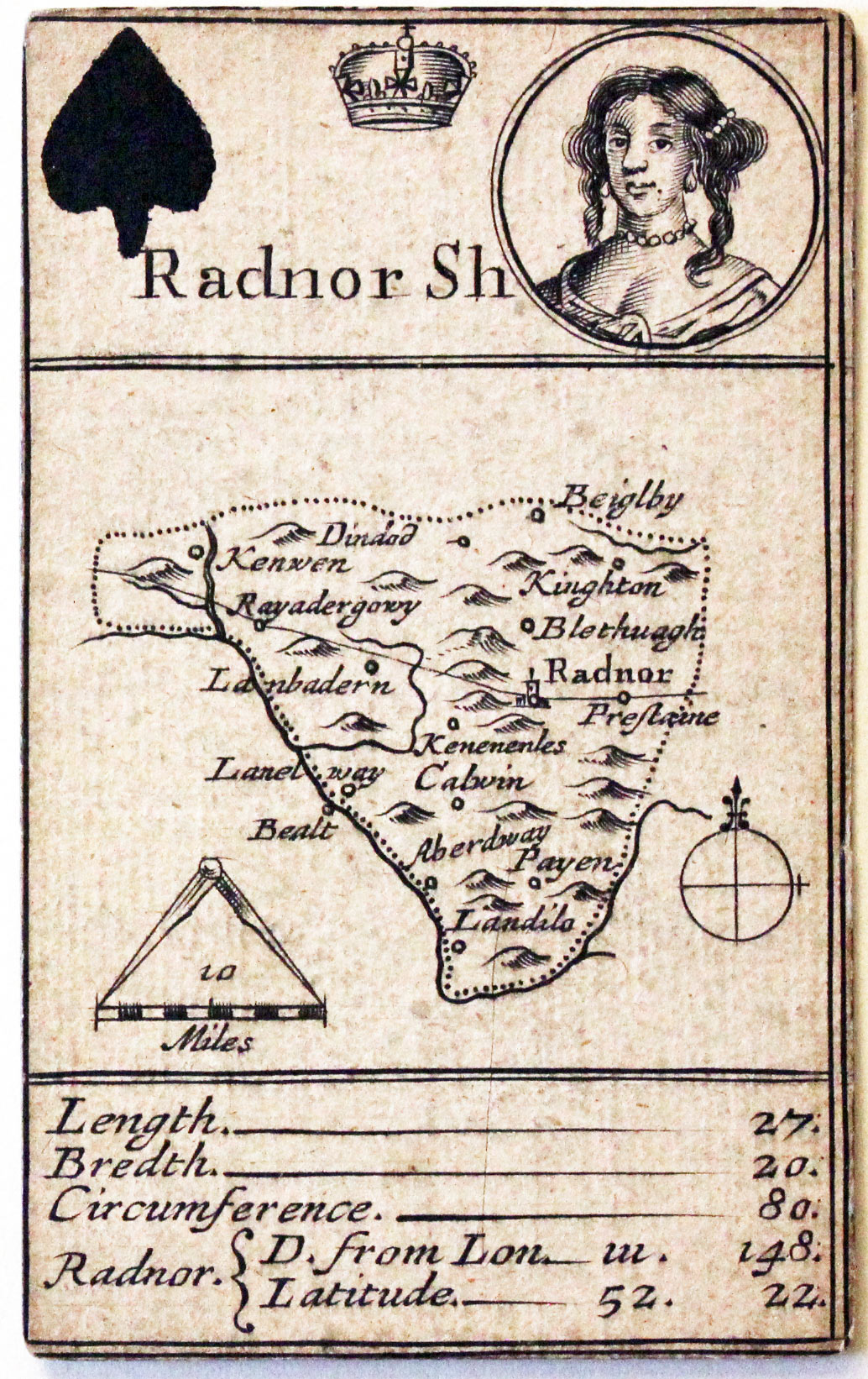Morden's playing card of Radnorshire, Queen of Spades of Spades 1676