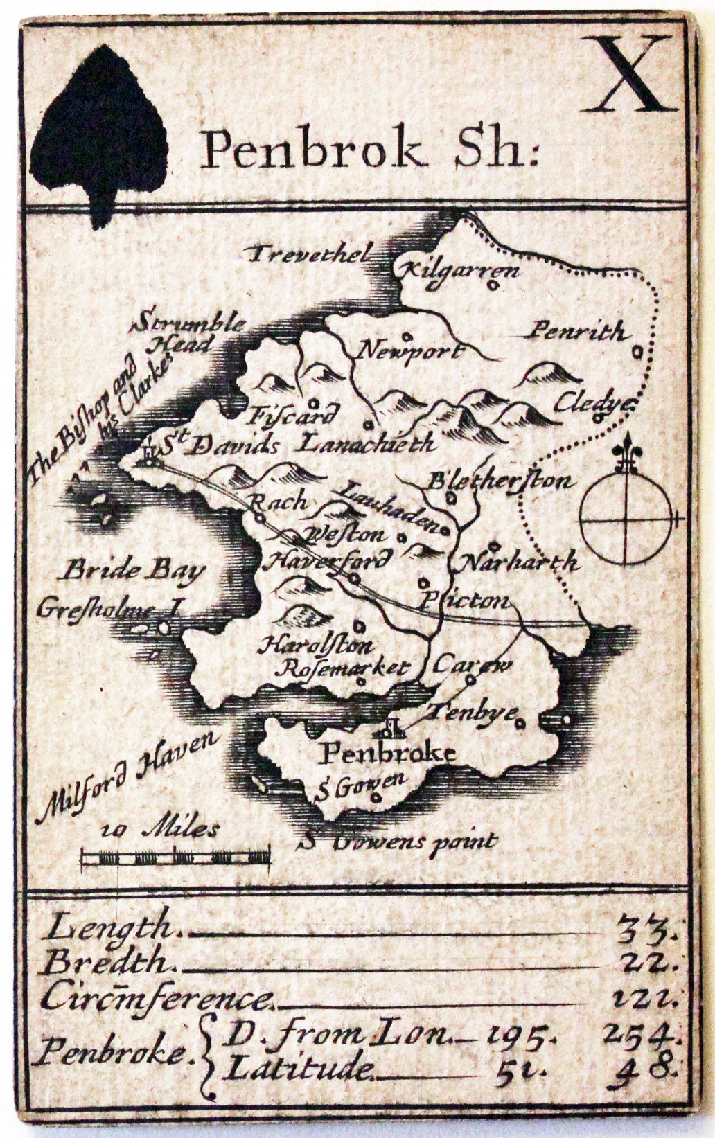 Morden's playing card of Pembrokeshire, c.1676, Ten of Spades