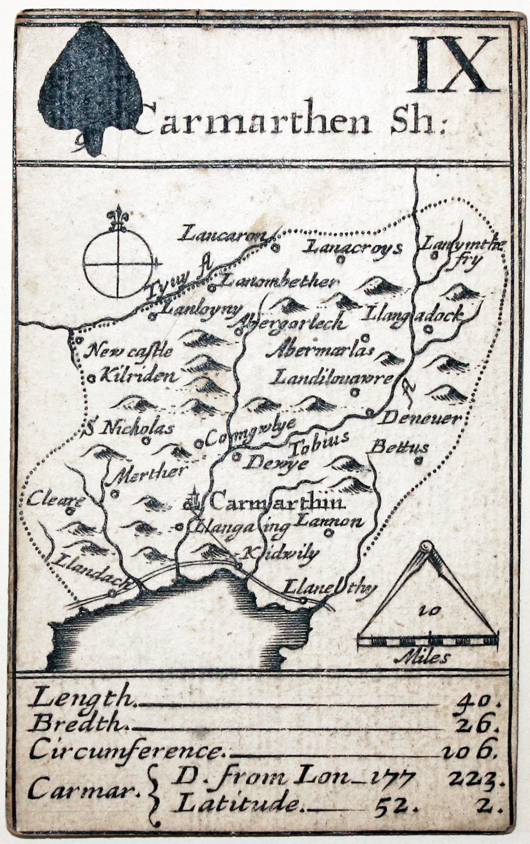 Robert Morden's playing card of Carmarthenshire, Nine of Spades