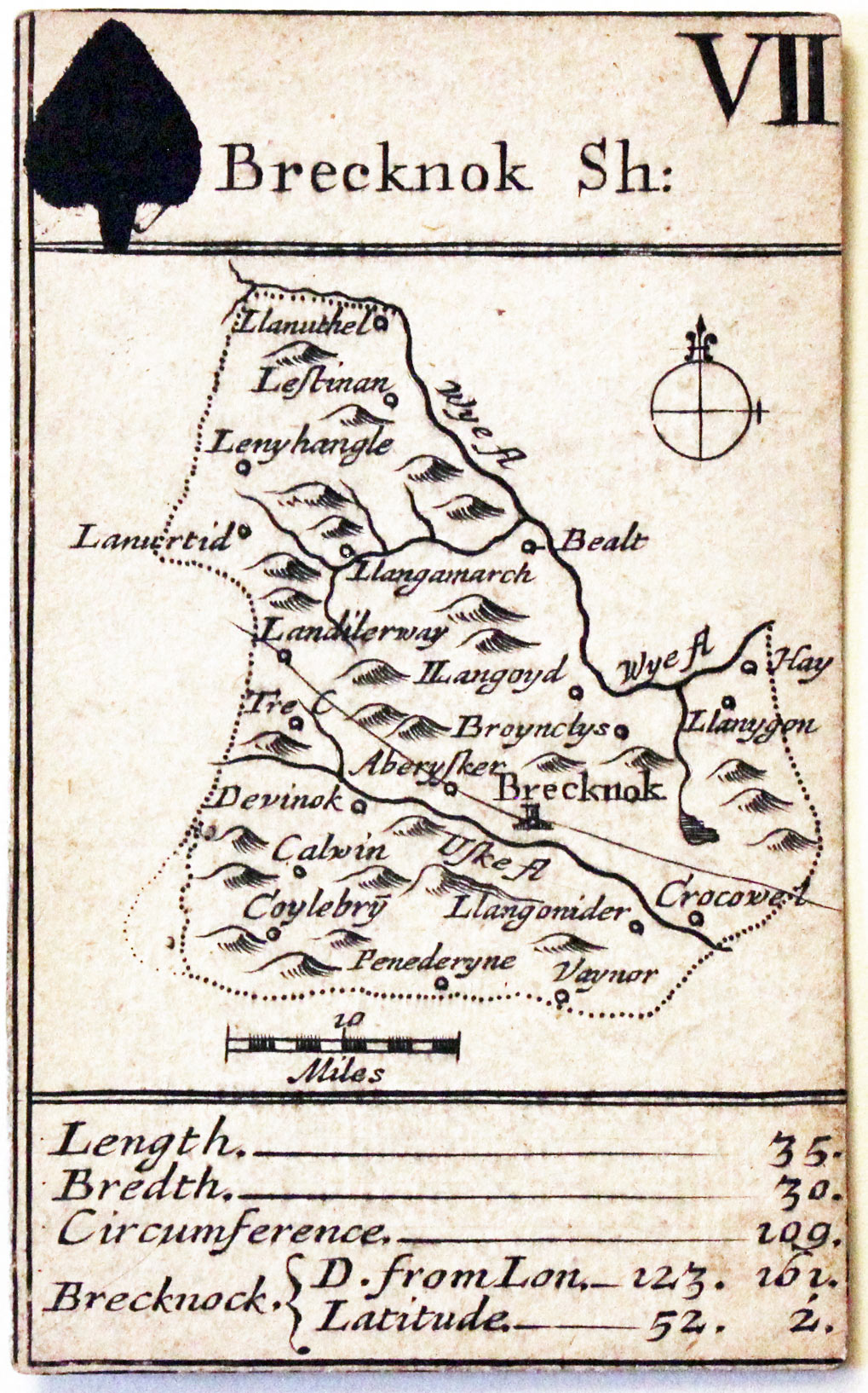 Robert Morden's playing card of Breconshire, Seven of Spades, 1676