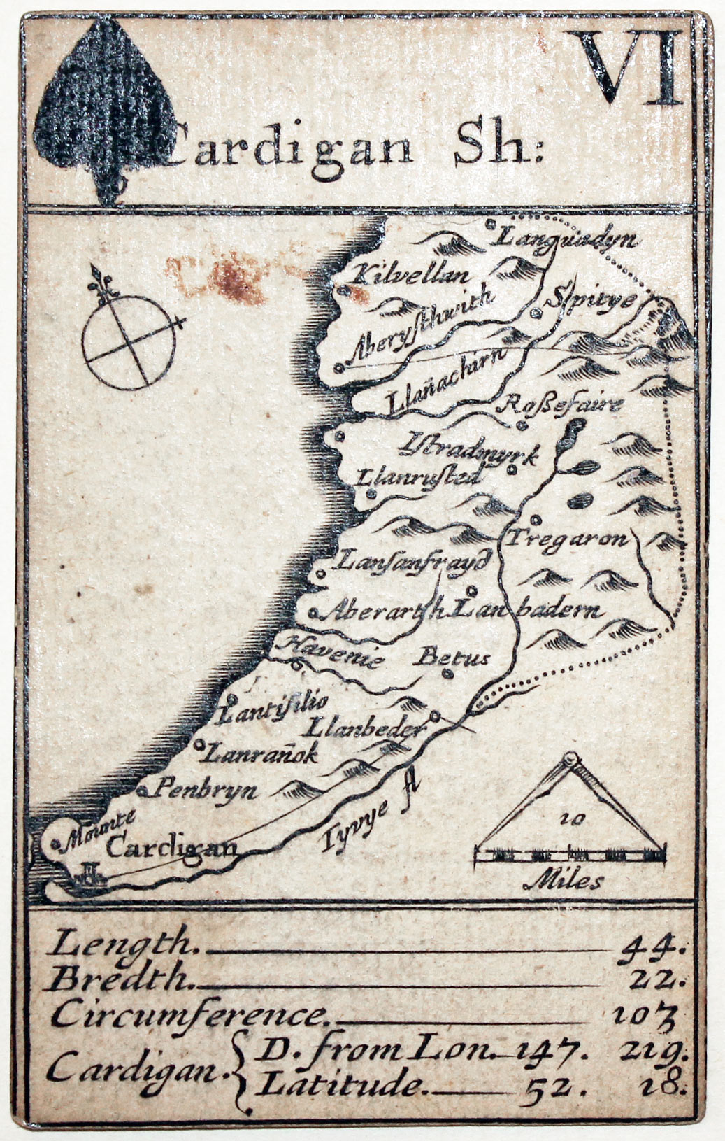 Robert Morden's playing card of Cardiganshire, Six of Spades, 1676