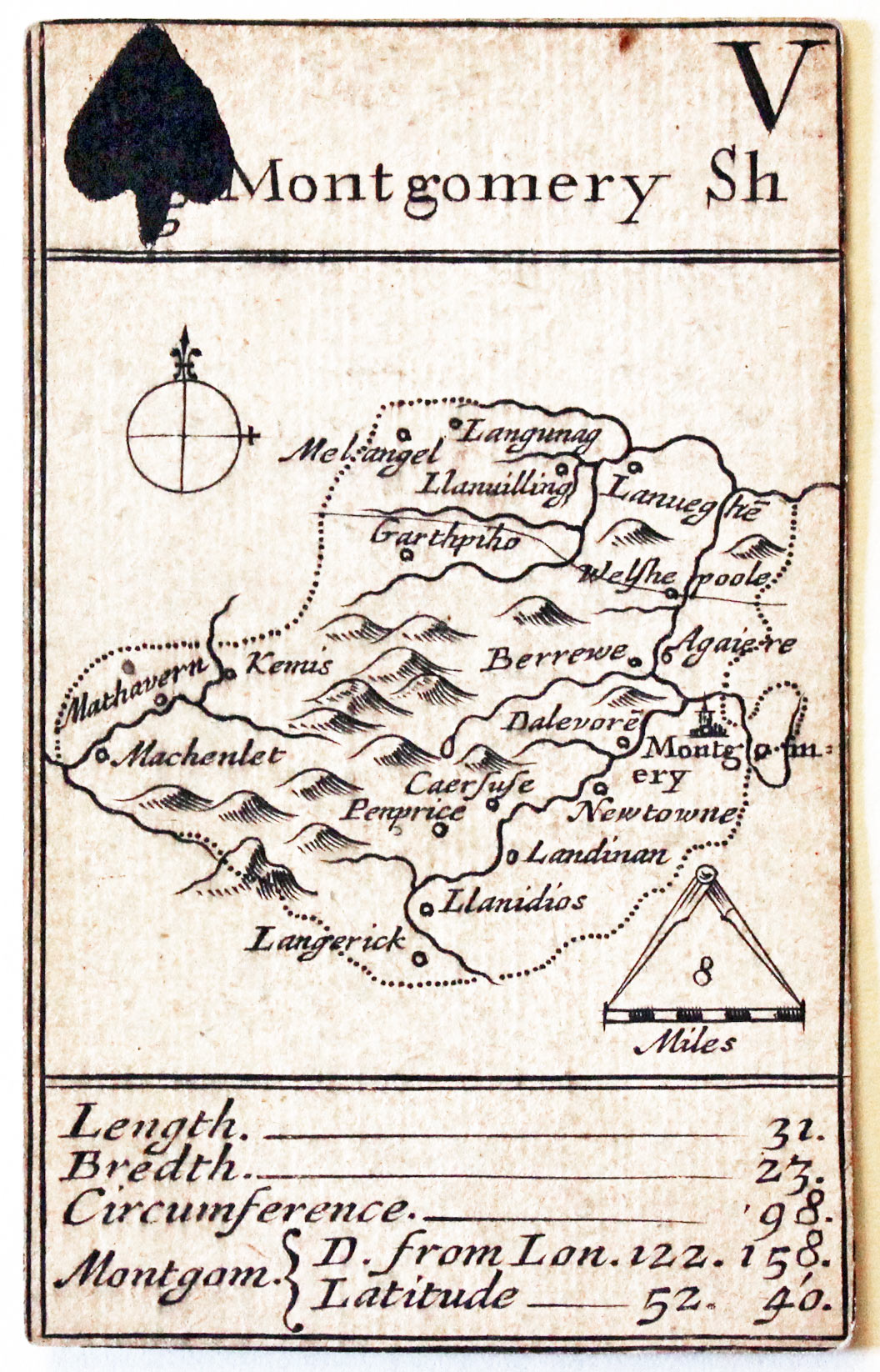 Robert Morden's playing card of Montgomeryshire, Five of Spades, 1676