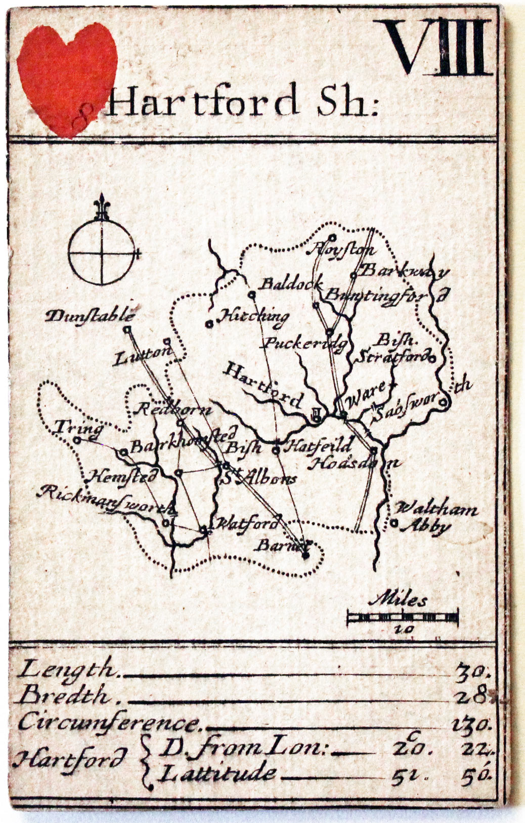 Robert Morden's playing card of Hertfordshire