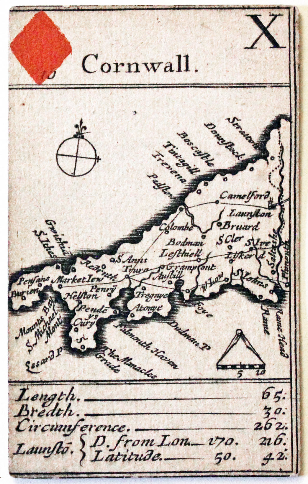 Robert Morden's playing card of Cornwall