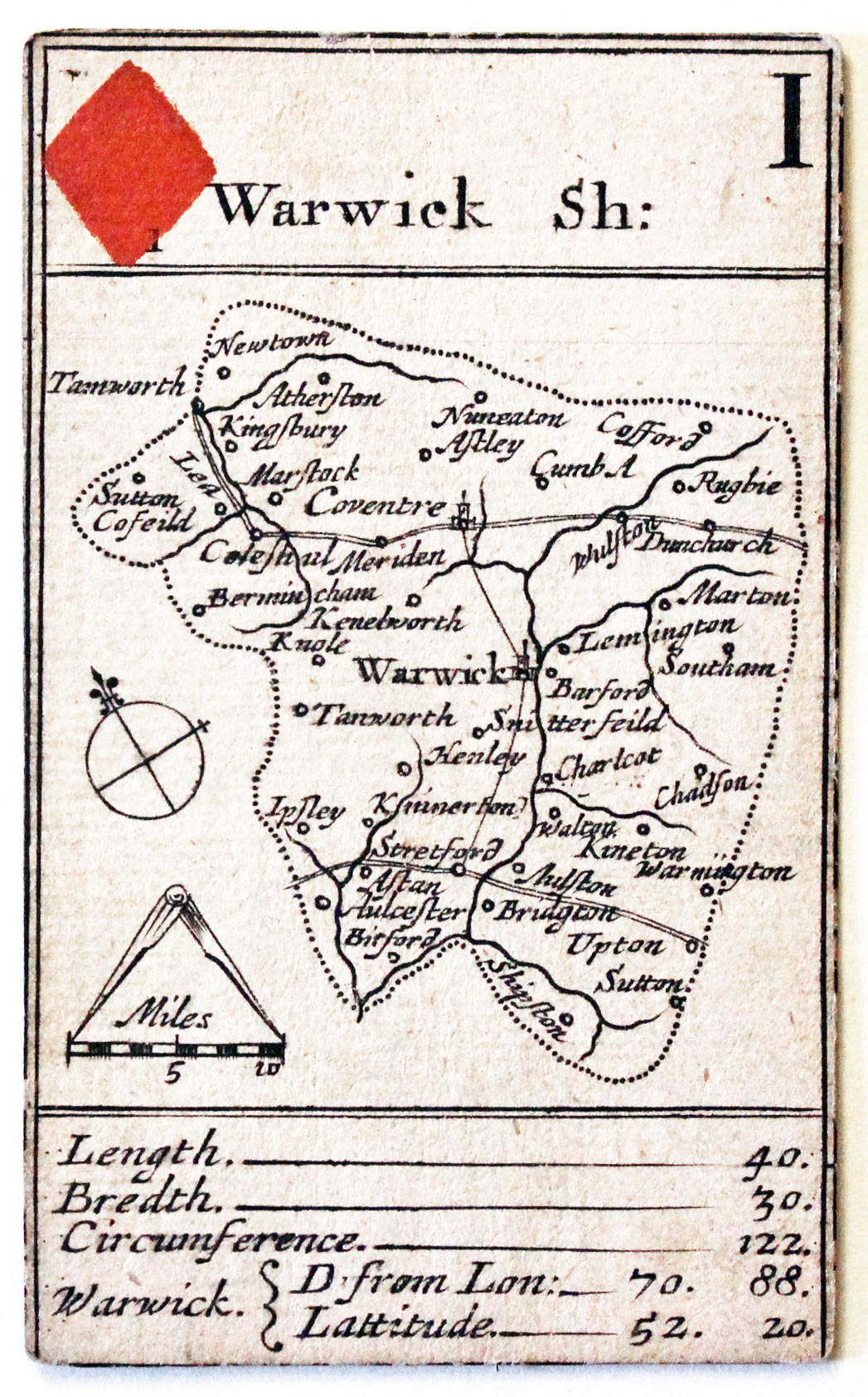Robert Morden's playing card of Warwickshire