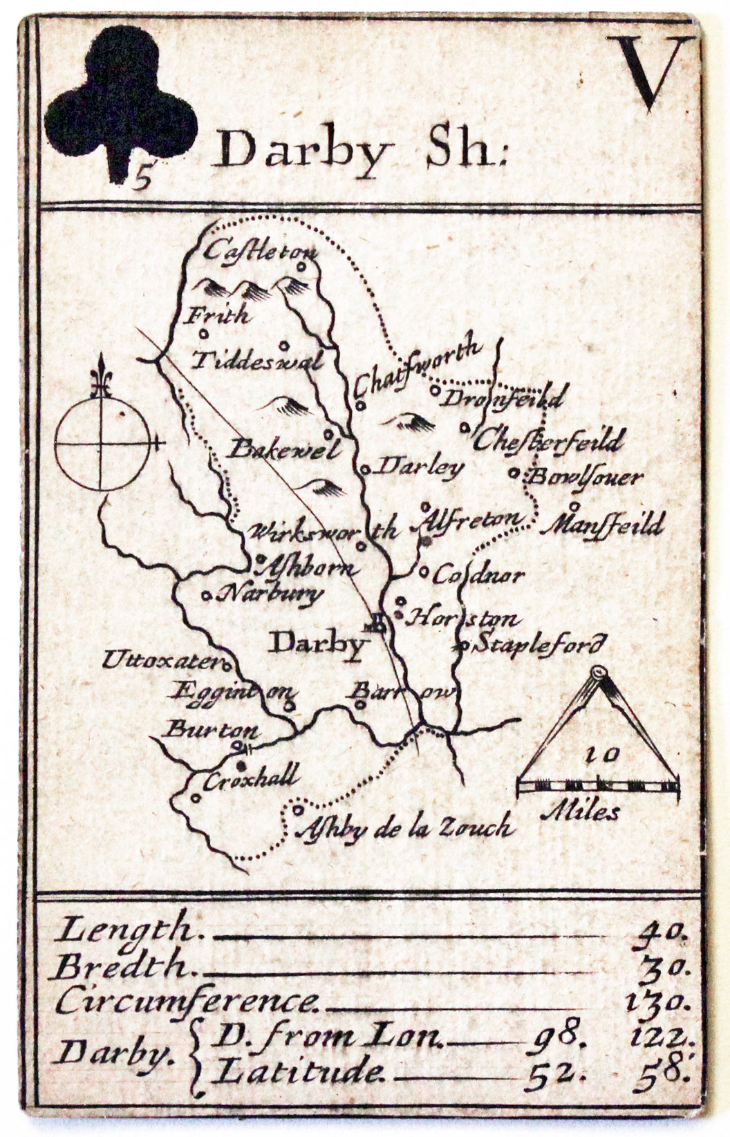 Robert Morden's playing card of Derbyshire