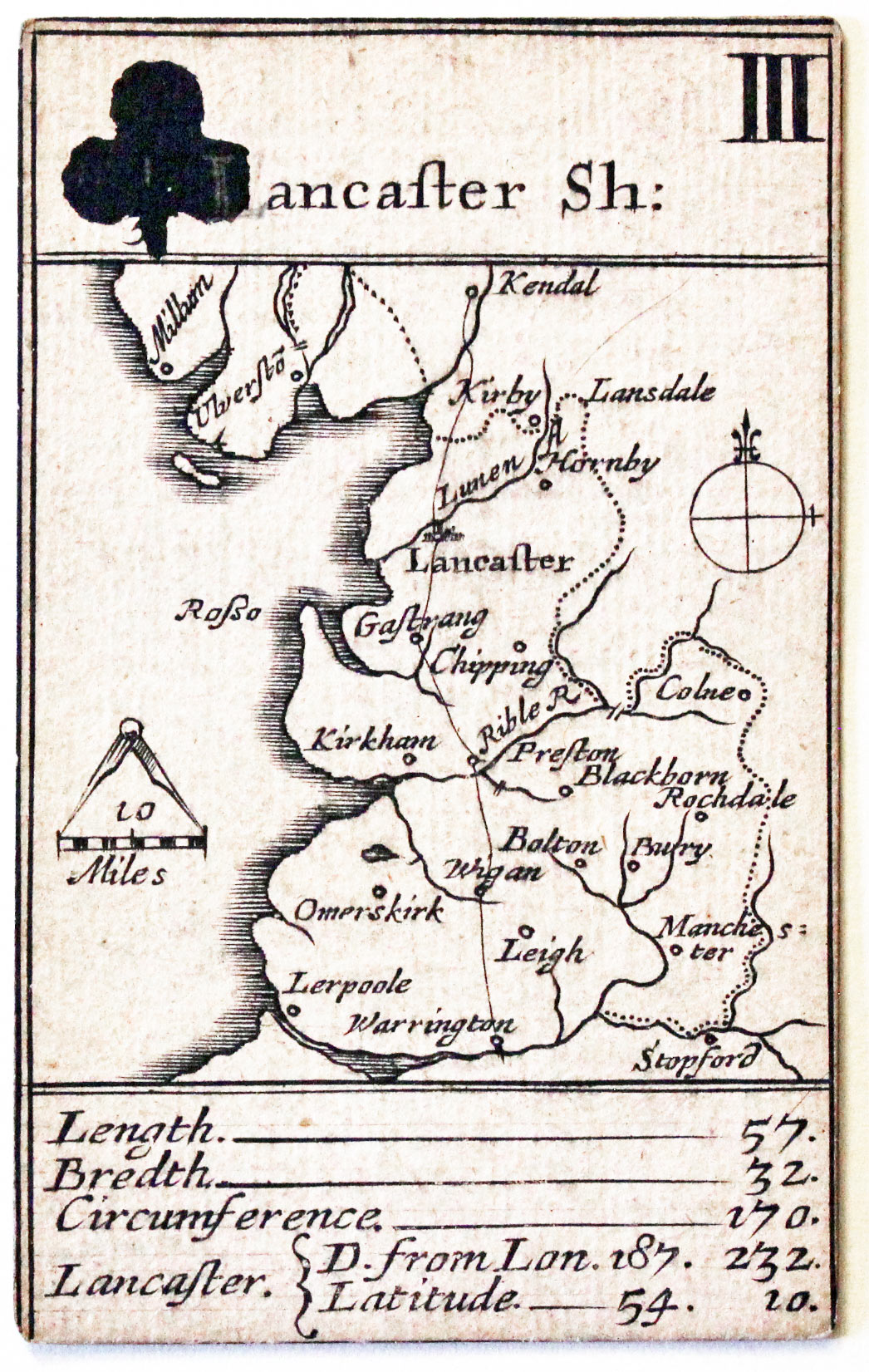 Robert Morden's playing card of Lancashire