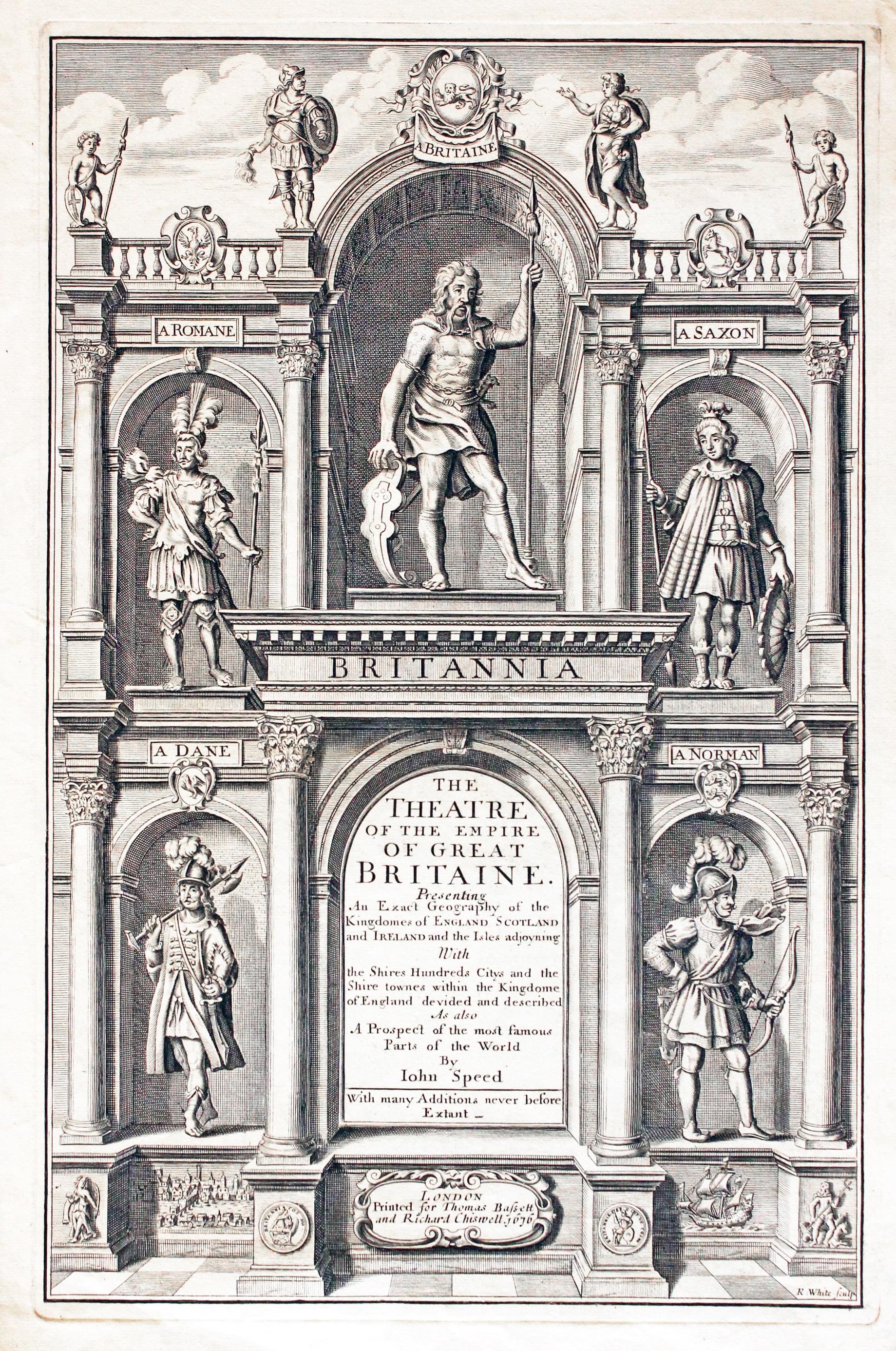 John Speed Theatre Frontispiece 1676 engraved by Robert White  John Speed Theatre Frontispiece 1676 engraved by Robert White