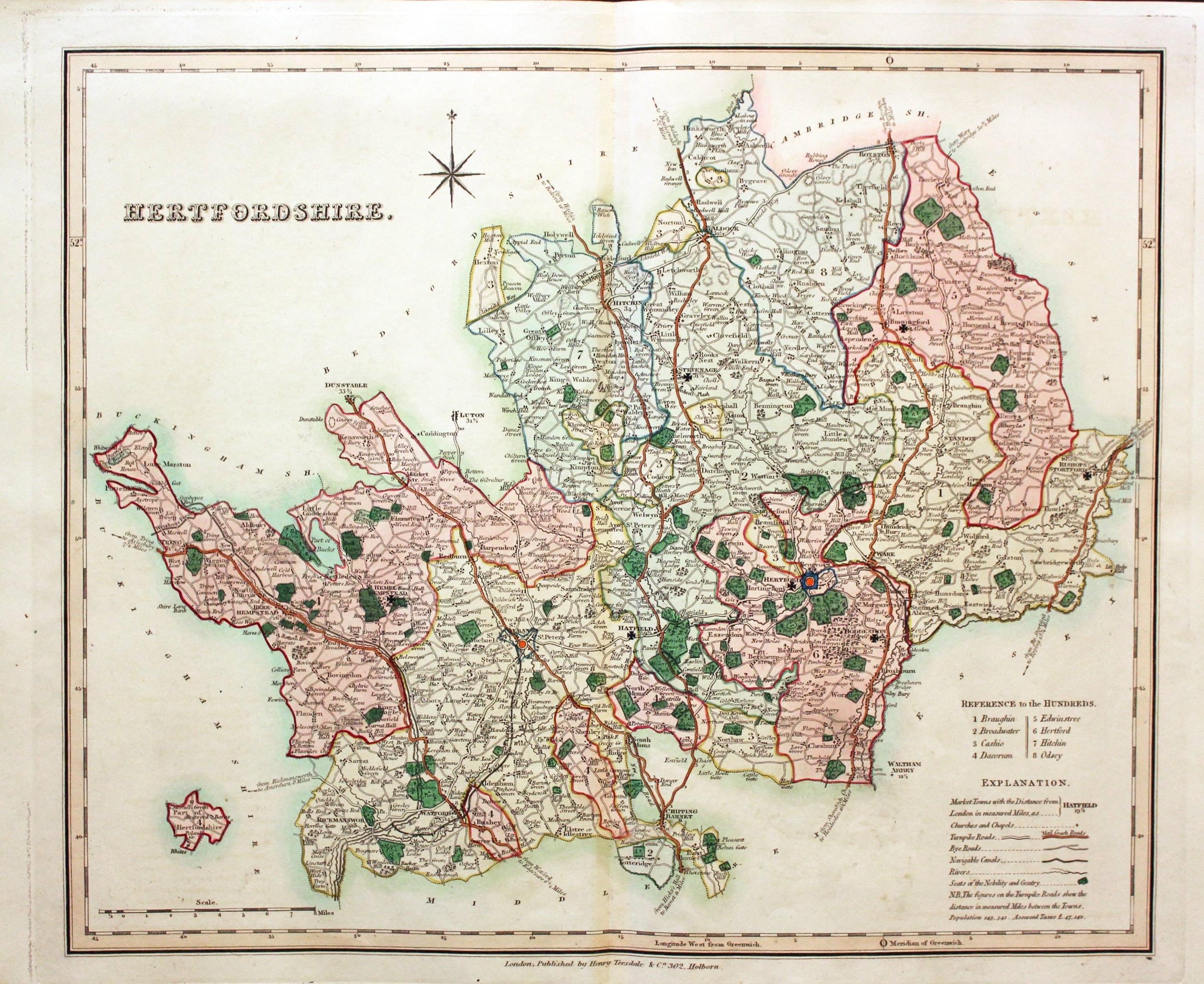 Map of Hertfordshire by Henry Teesdale 1832