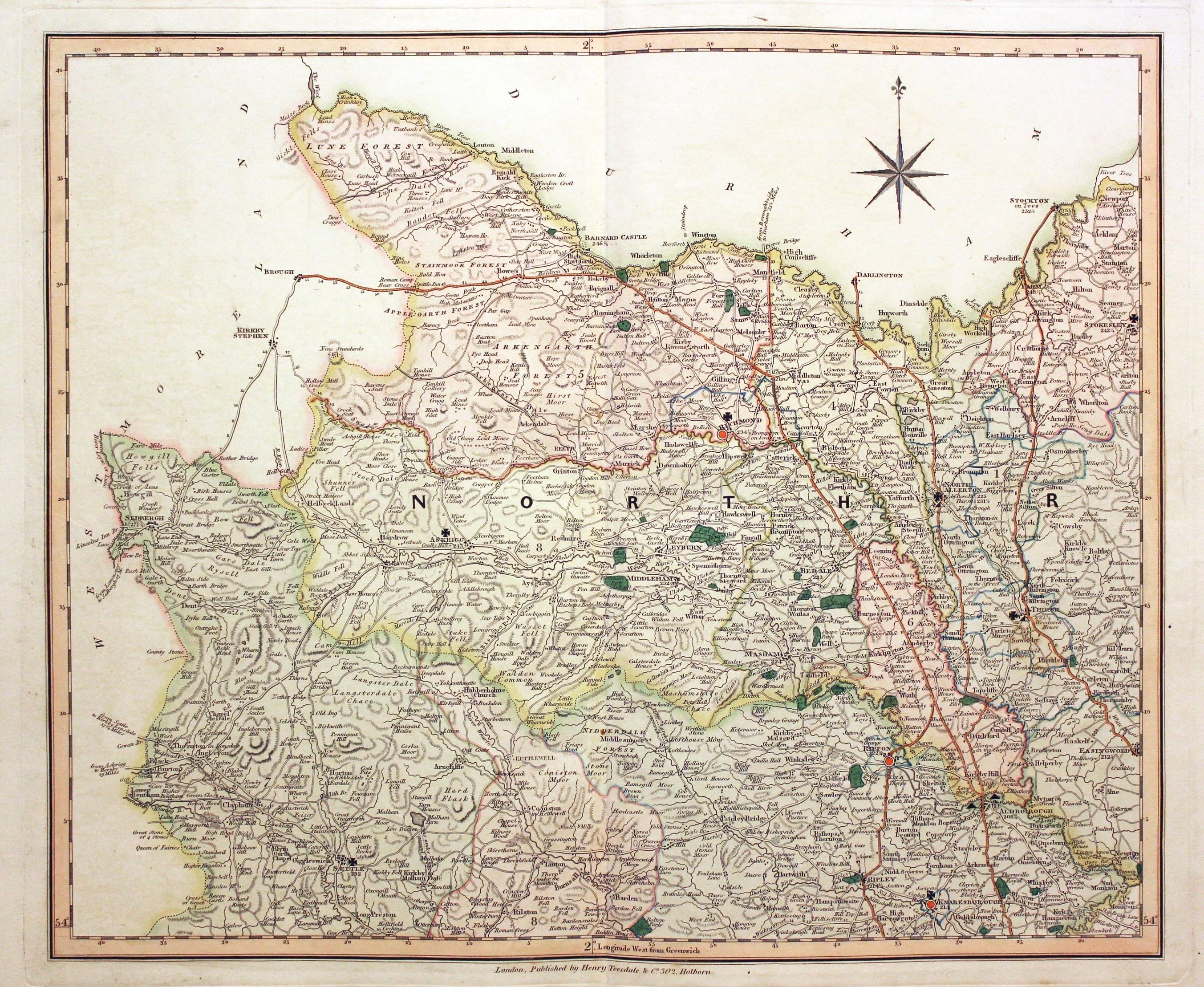 Map of East Yorkshire by Henry Teesdale 1832. Early Hand colouring