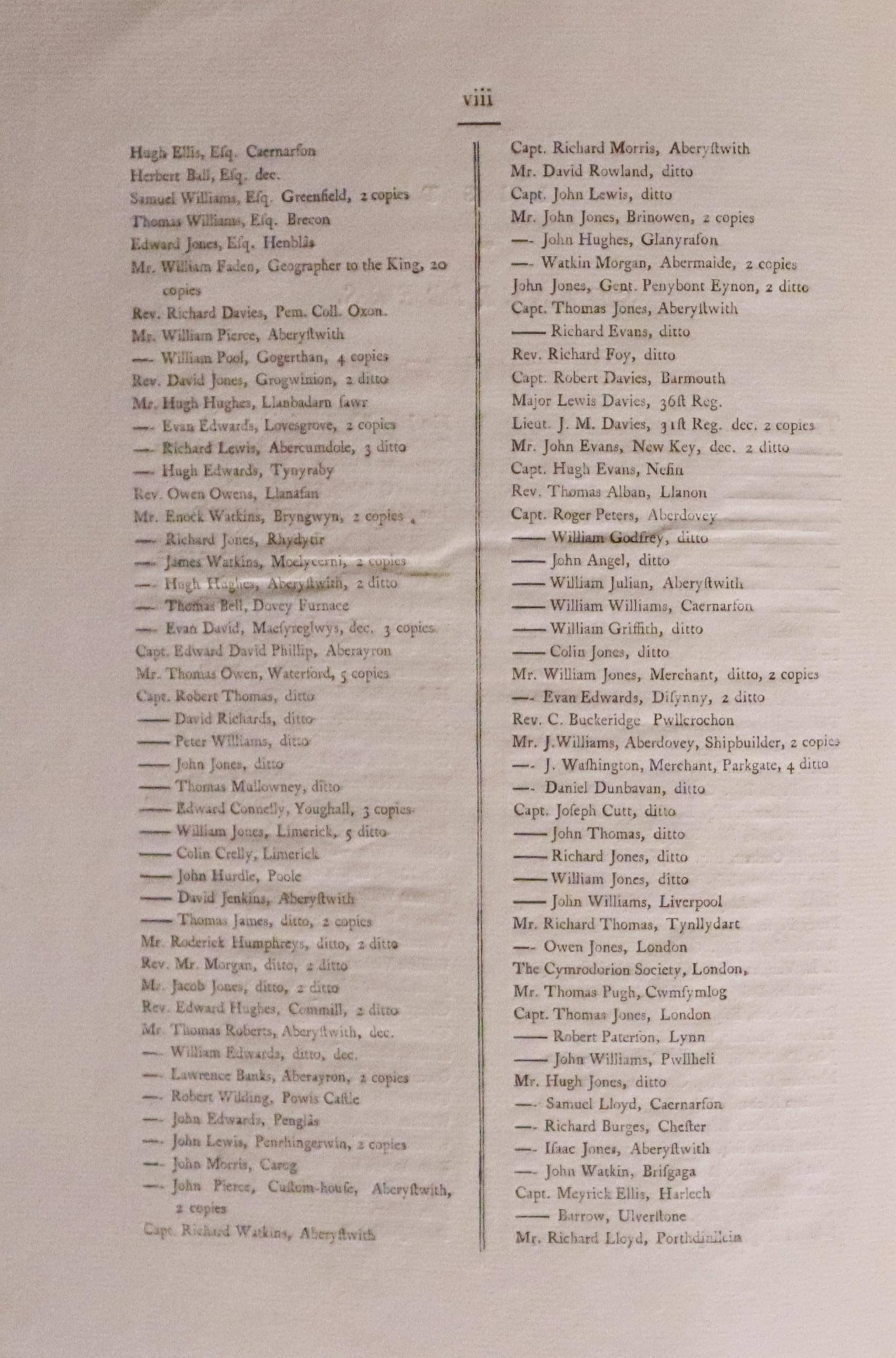 List of gentry being subscriber to volume of charts of Wales by William Morris published in 1800