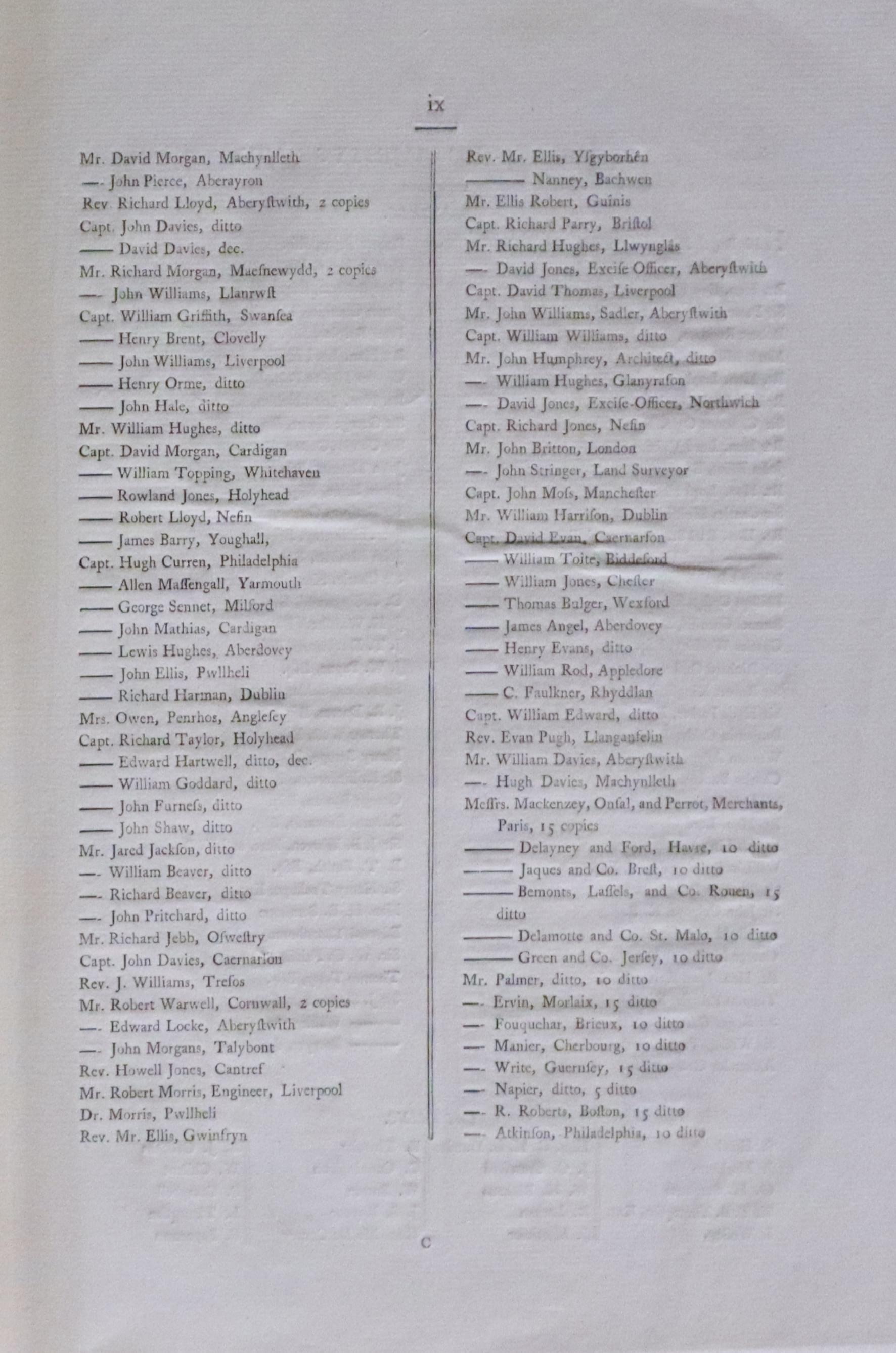 List of gentry being subscribers to a volume of charts of Wales by William Morris published in 1800