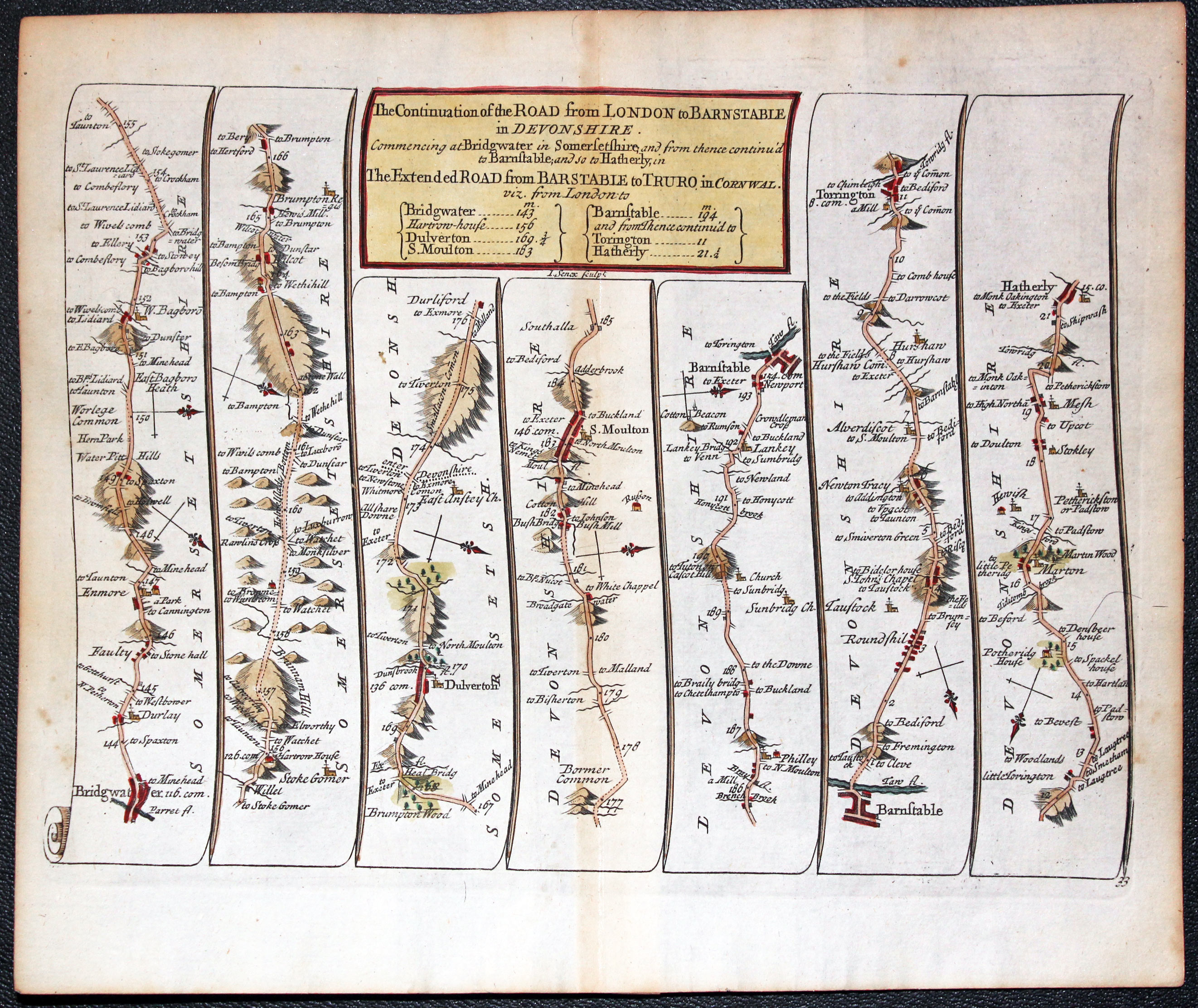 John Senex Road Map published in 1719 Bridgwater to Hatherleigh in Devon