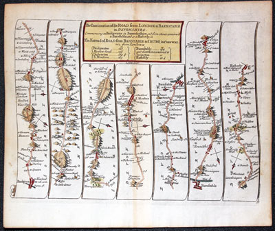 John Senex Road Map published in 1719 Bridgwater to Hatherleigh in Devon