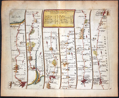  John Senex Road Map published in 1719 Bristol to Ludlow in Shropshire 