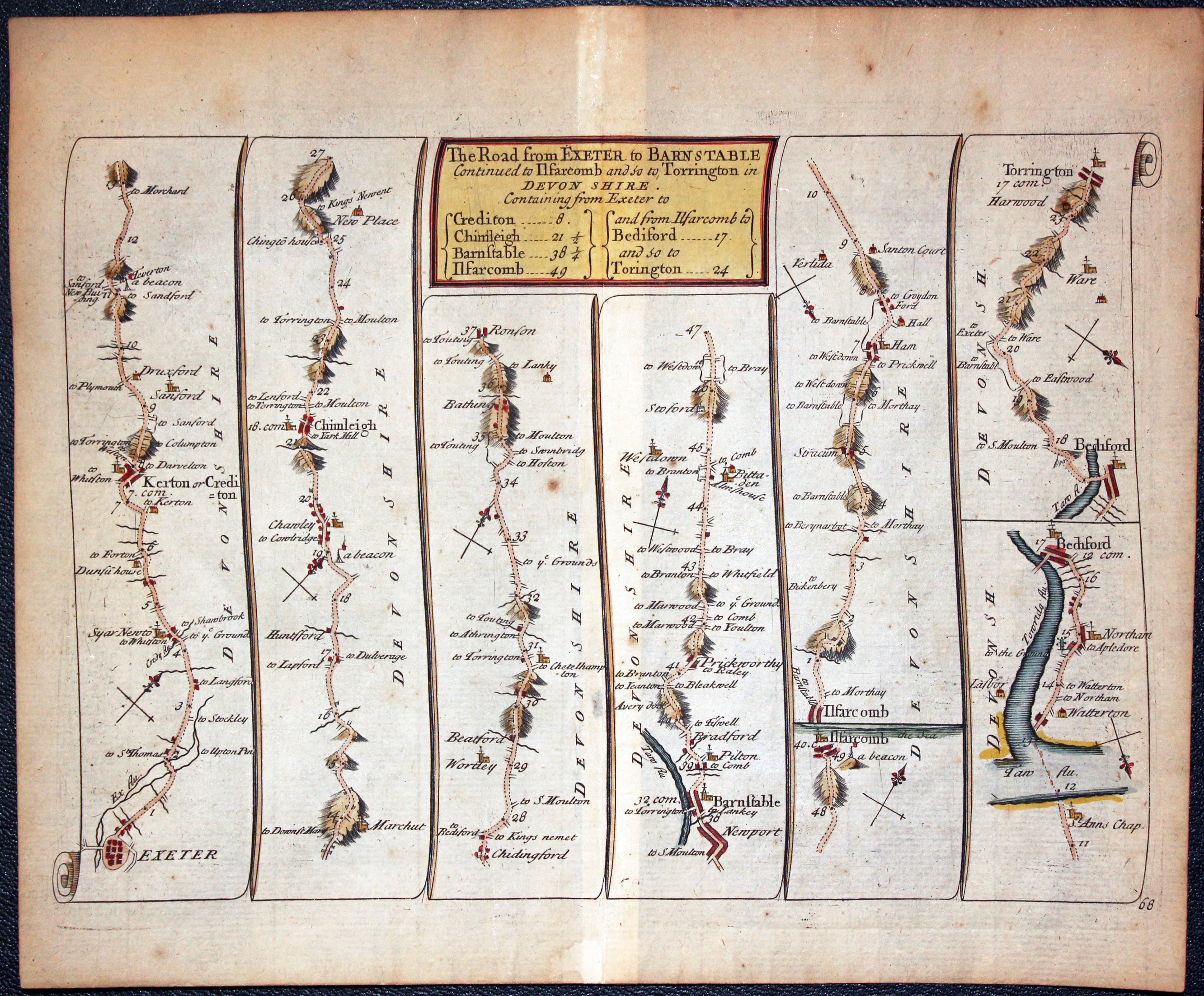 John Senex Road Map published in 1719 Exeter to Torrington in Devon