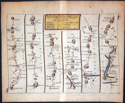 John Senex Road Map published in 1719 Exeter to Torrington in Devon