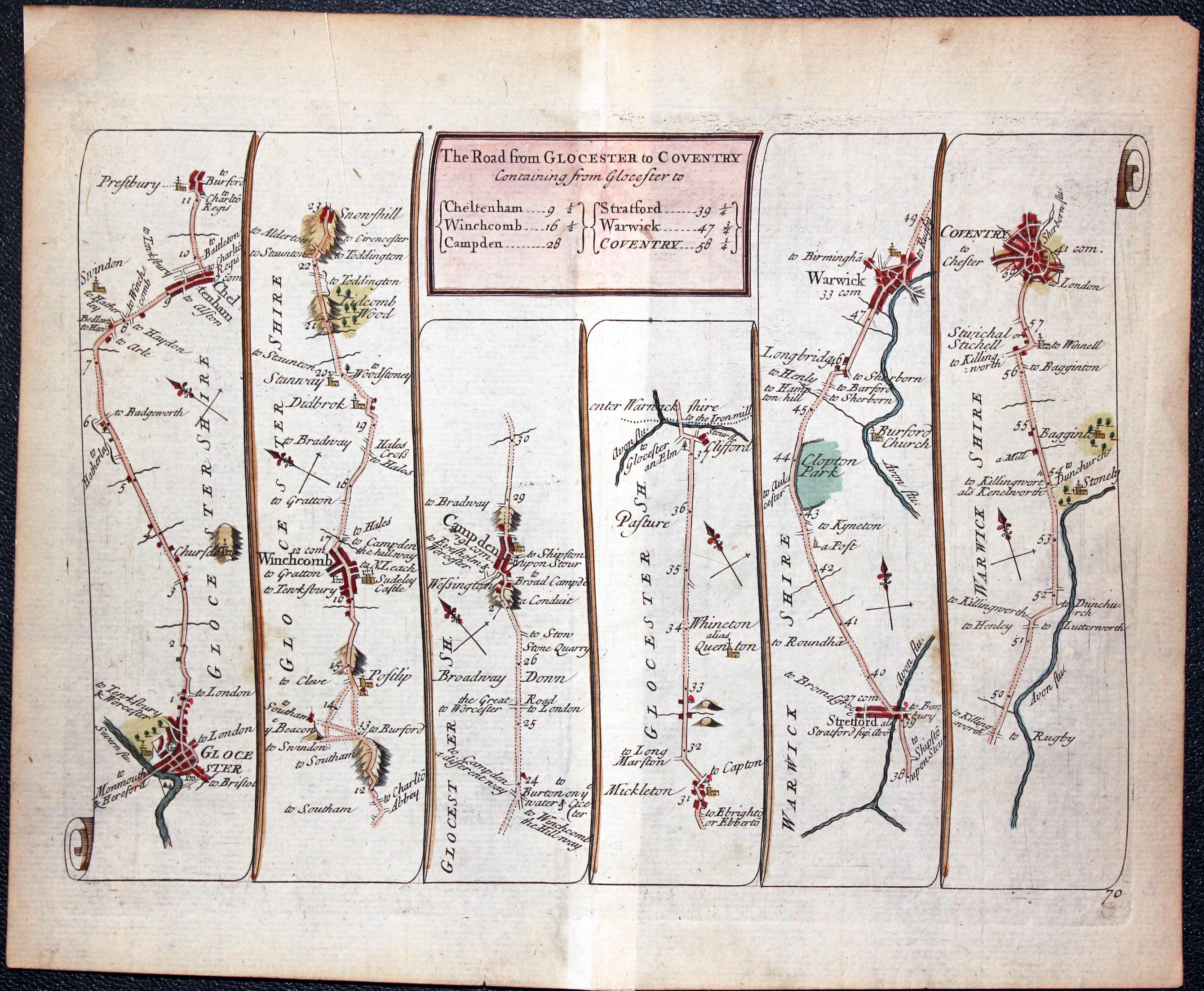 John Senex Road Map published in 1719 Gloucester to Coventry