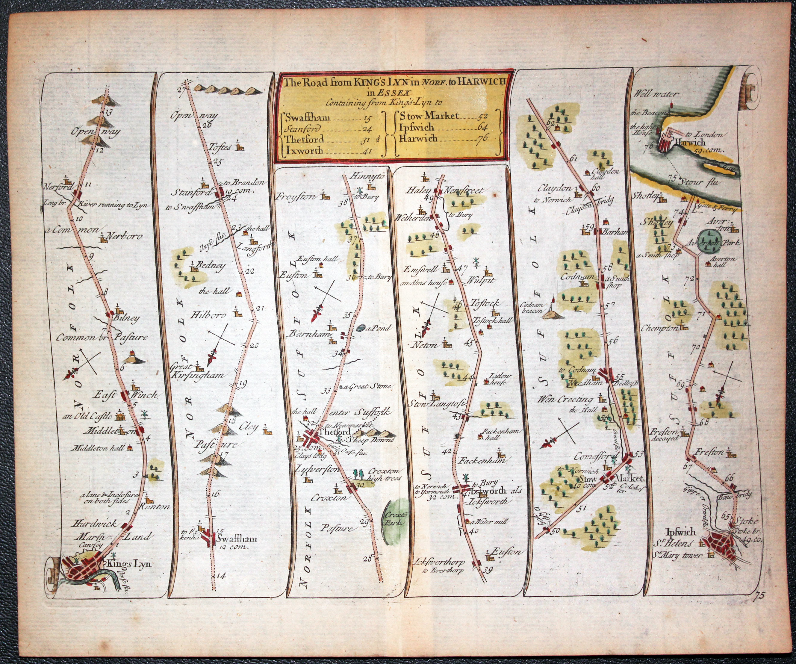 John Senex Road Map published in 1719 King's Lynn to Harwich