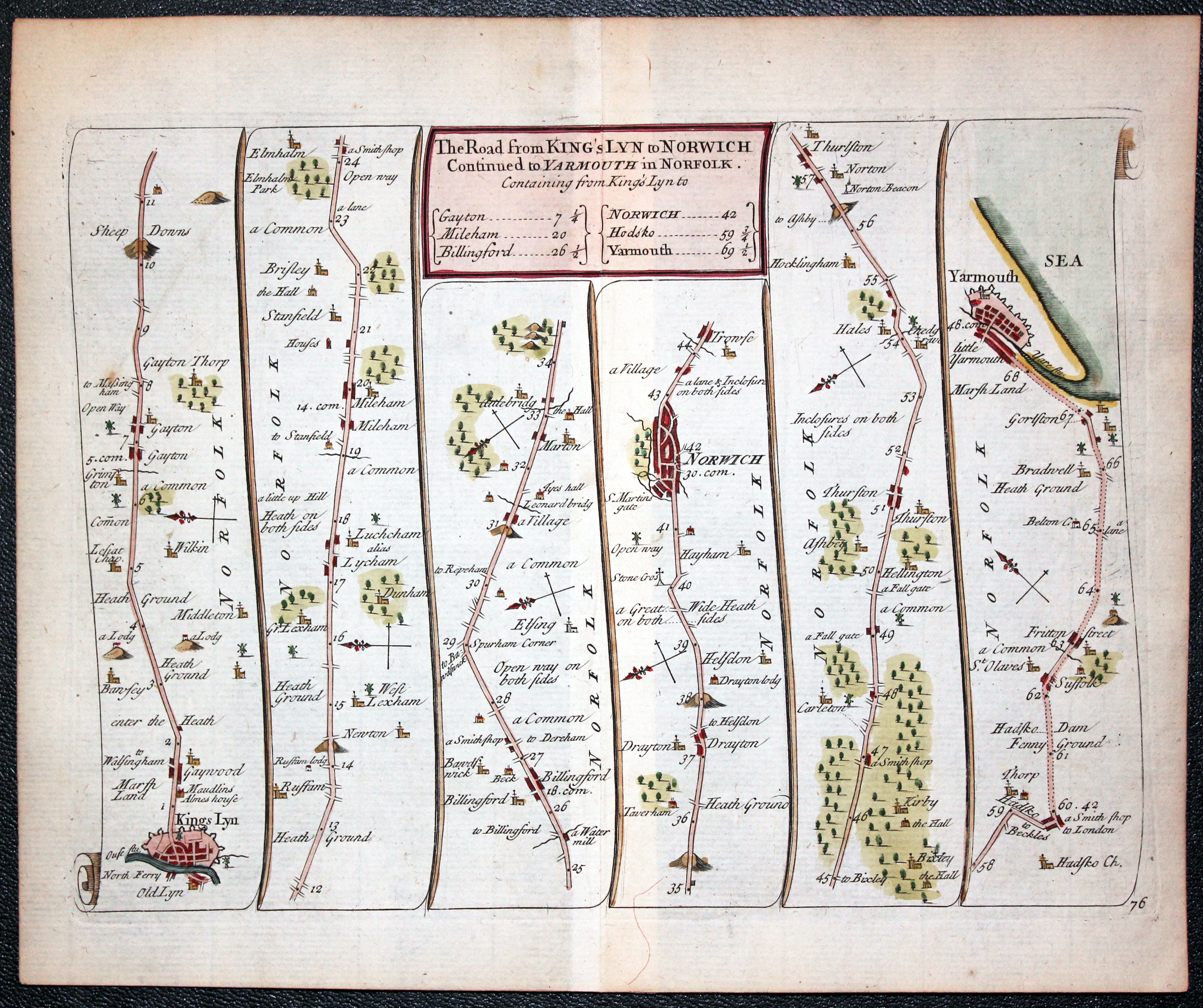 John Senex Road Map published in 1719 King's Lynn to Yarmouth