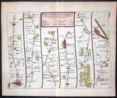 John Senex Road Map published in 1719 King's Lynn to Yarmouth