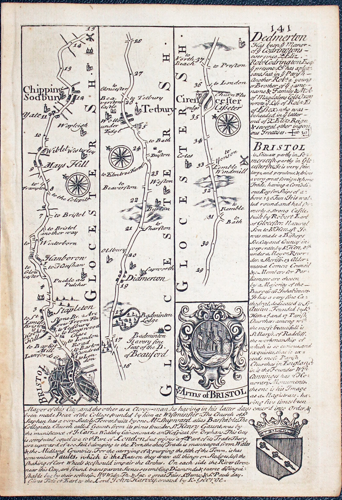 Road map Bristol to to Cirencester by John Owen and Emanuel Bowen, 1753