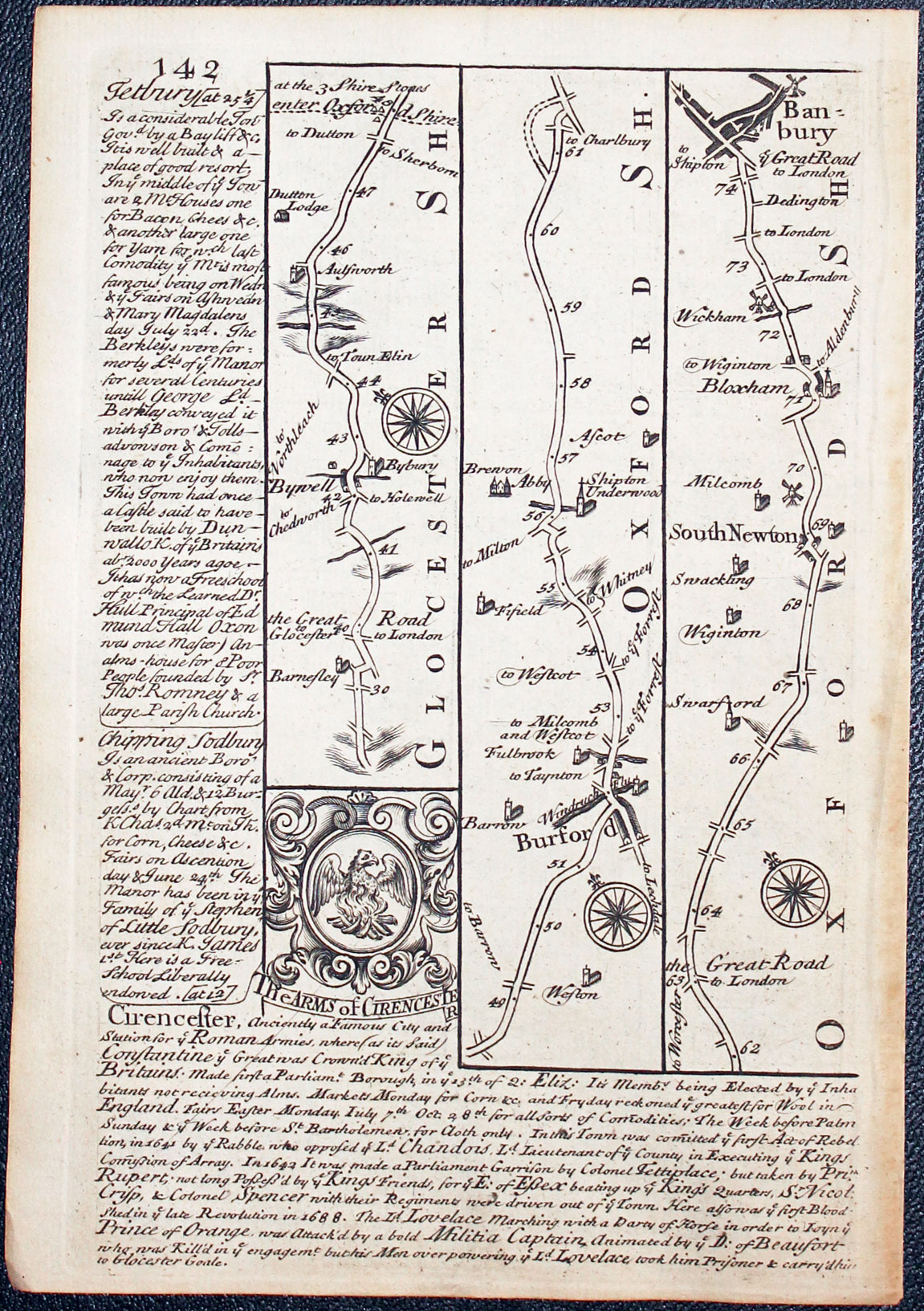 Road map Burford to Banbury Owen/Bowen c.1730