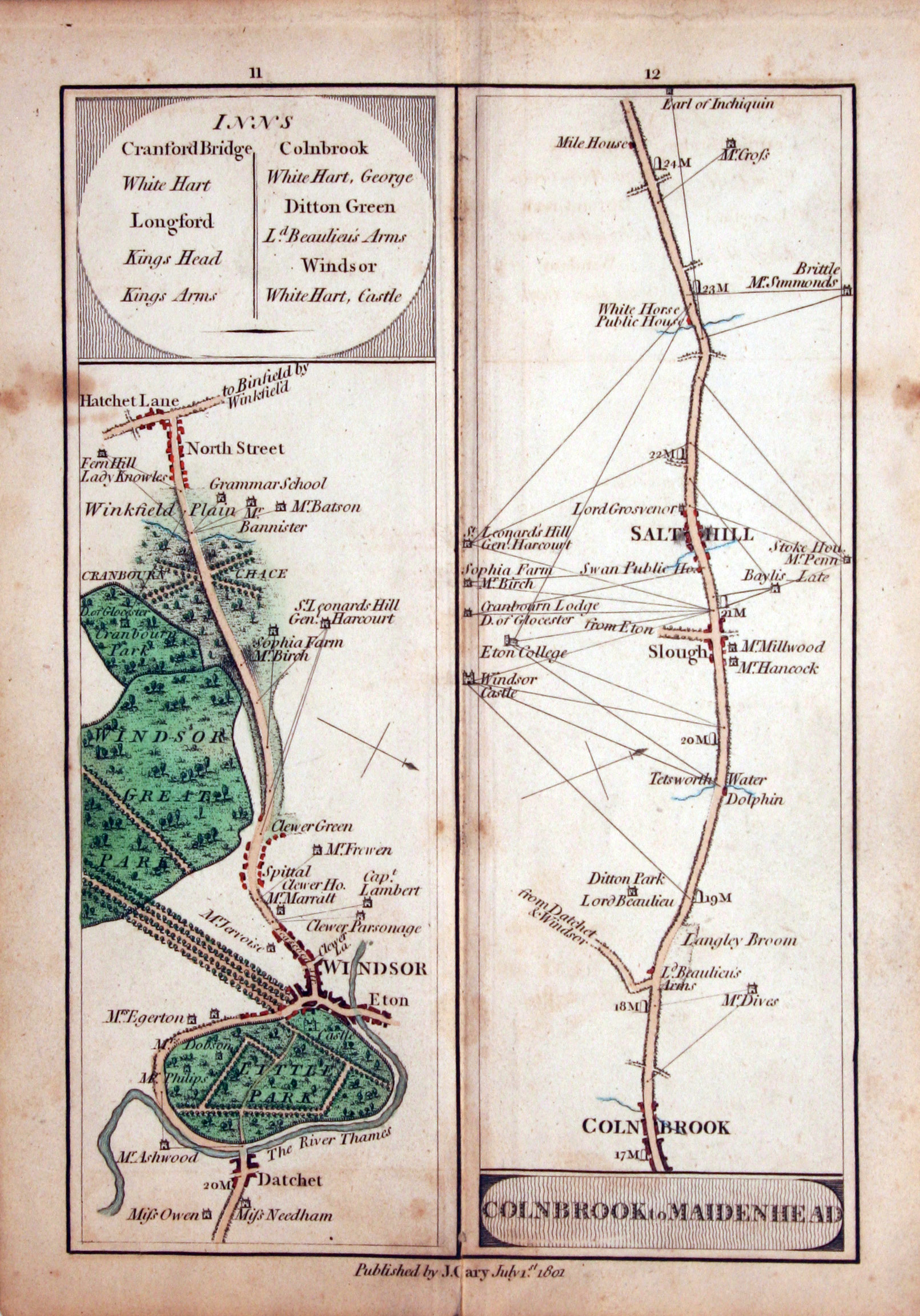 Houndslow to Windsor Road Map John Cary 1801  Houndslow to Windsor Road Map John Cary 1801