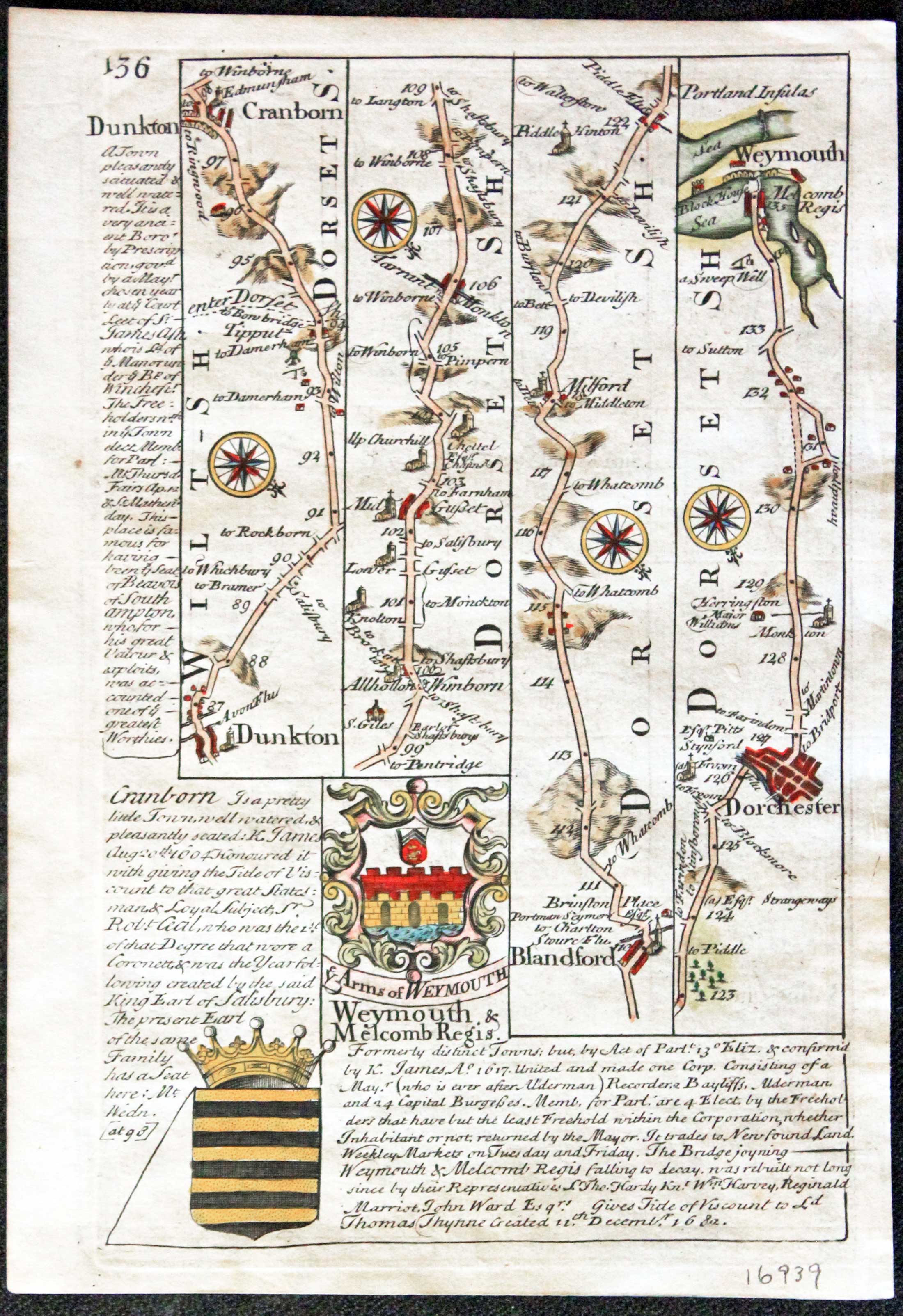 Road map Basingstoke to Weymouth. Owen/Bowen c.1730