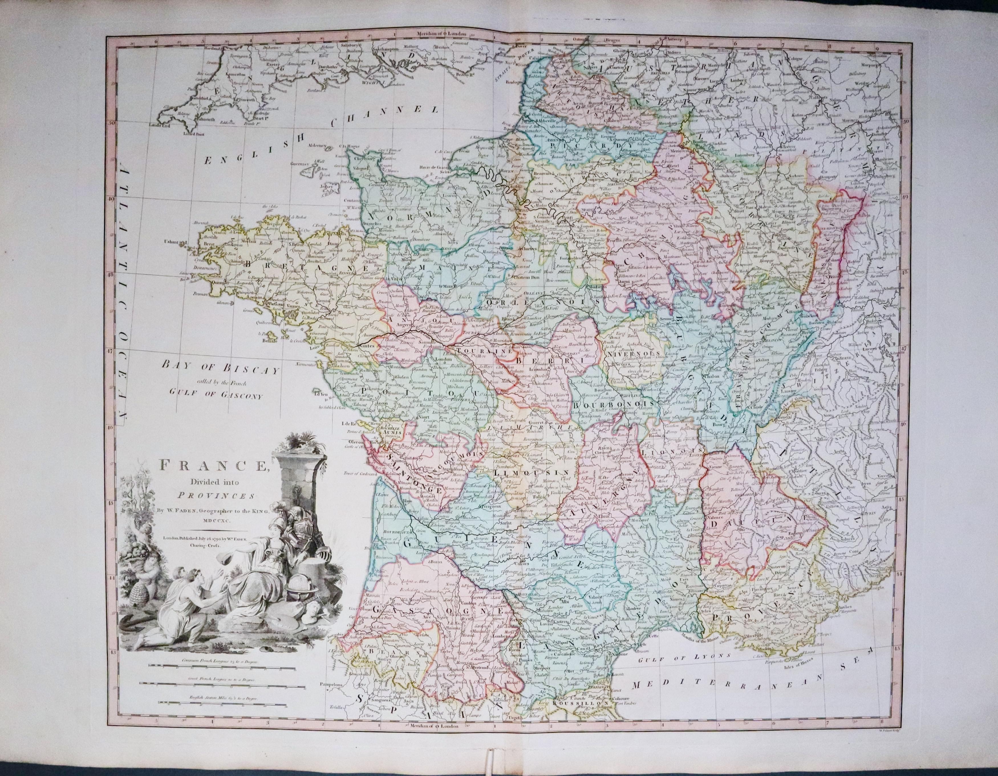 Large old map of France, William Faden 1790