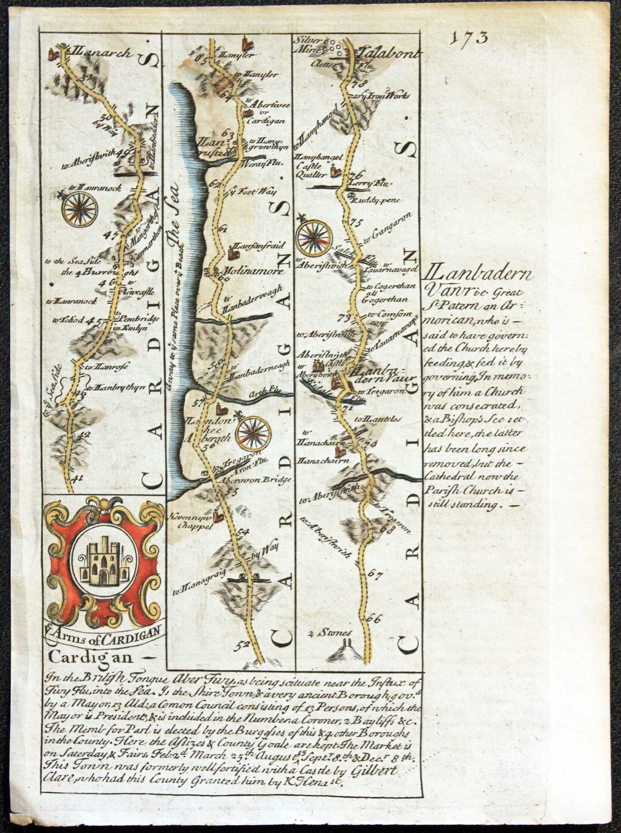 Road map Llanerch, Llanbadern Vawr, Talabont, Machynlleth Dinas Mawddy. Owen/Bowen c.1730