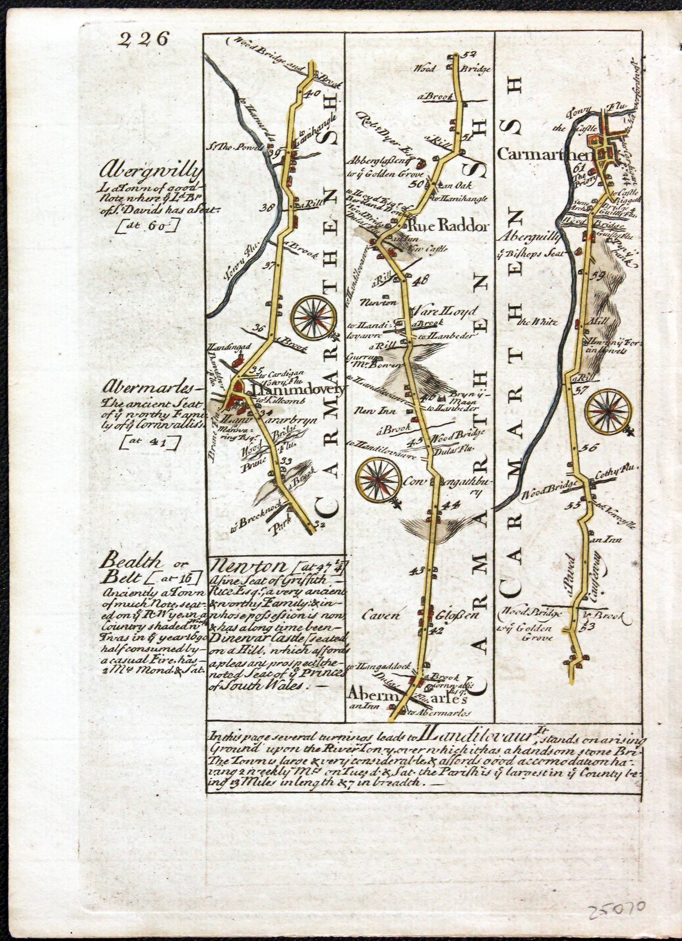 Road map Presteign, Builth, Carmarthen  Owen/Bowen c.1730