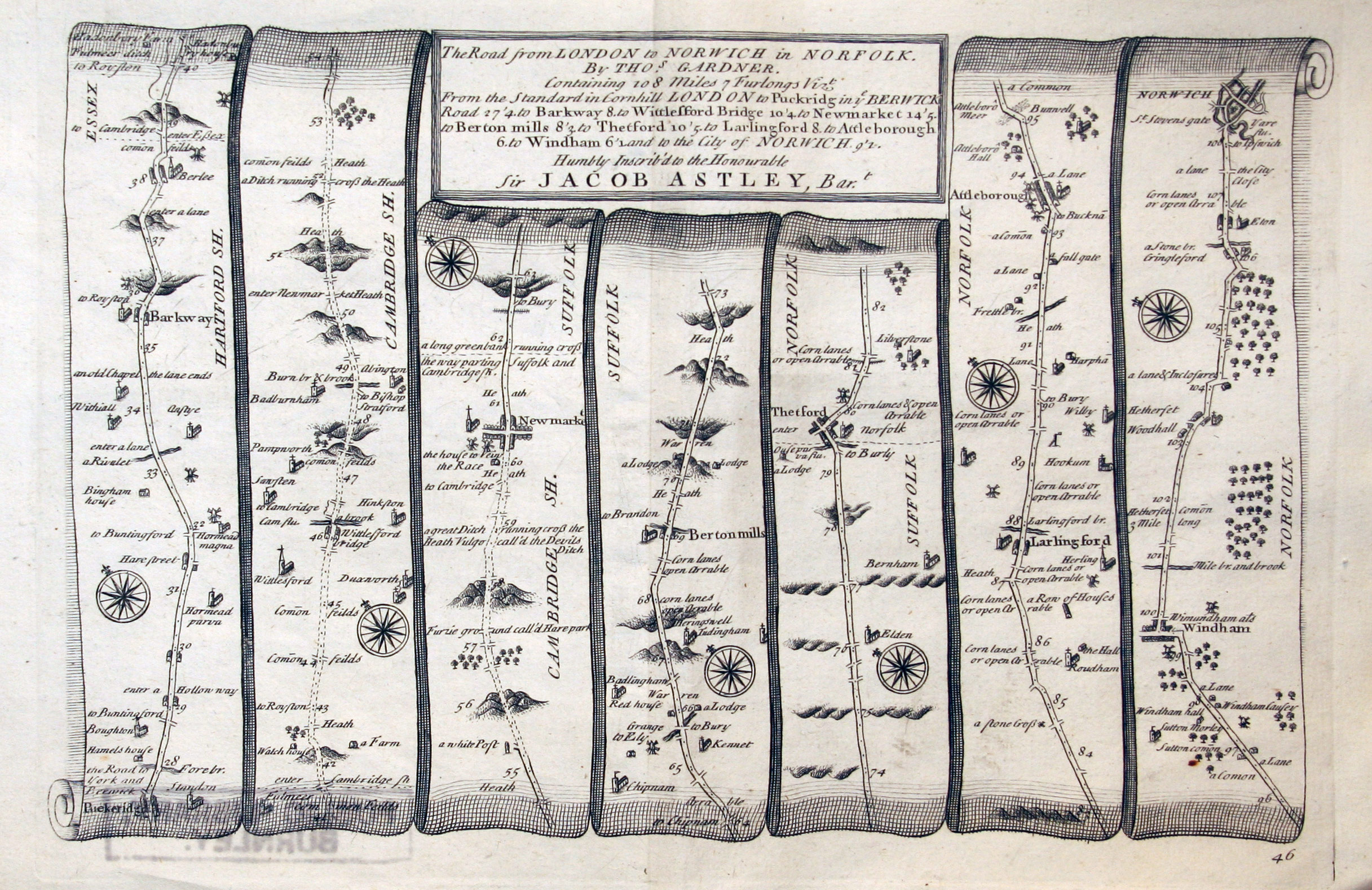 Plate 46 The Road from Puckeridge to Norwich by Thomas Gardner, 1719  Plate 46 The Road from Puckeridge to Norwich by Thomas Gardner, 1719
