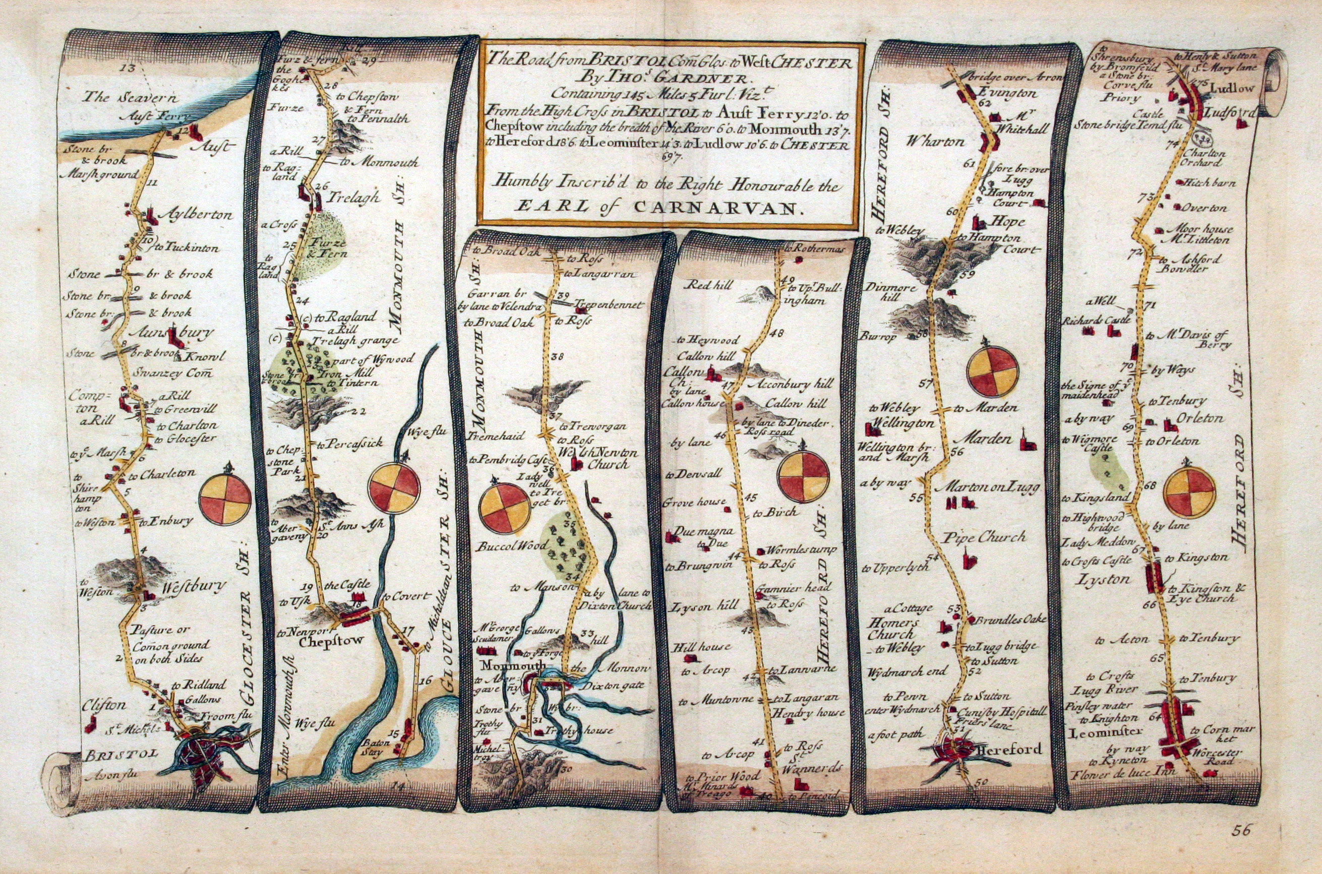 Plate 56 The Road from Bristol to Ludlow by Thomas Gardner, 1719  Plate 56 The Road from Bristol to Ludlow by Thomas Gardner, 1719