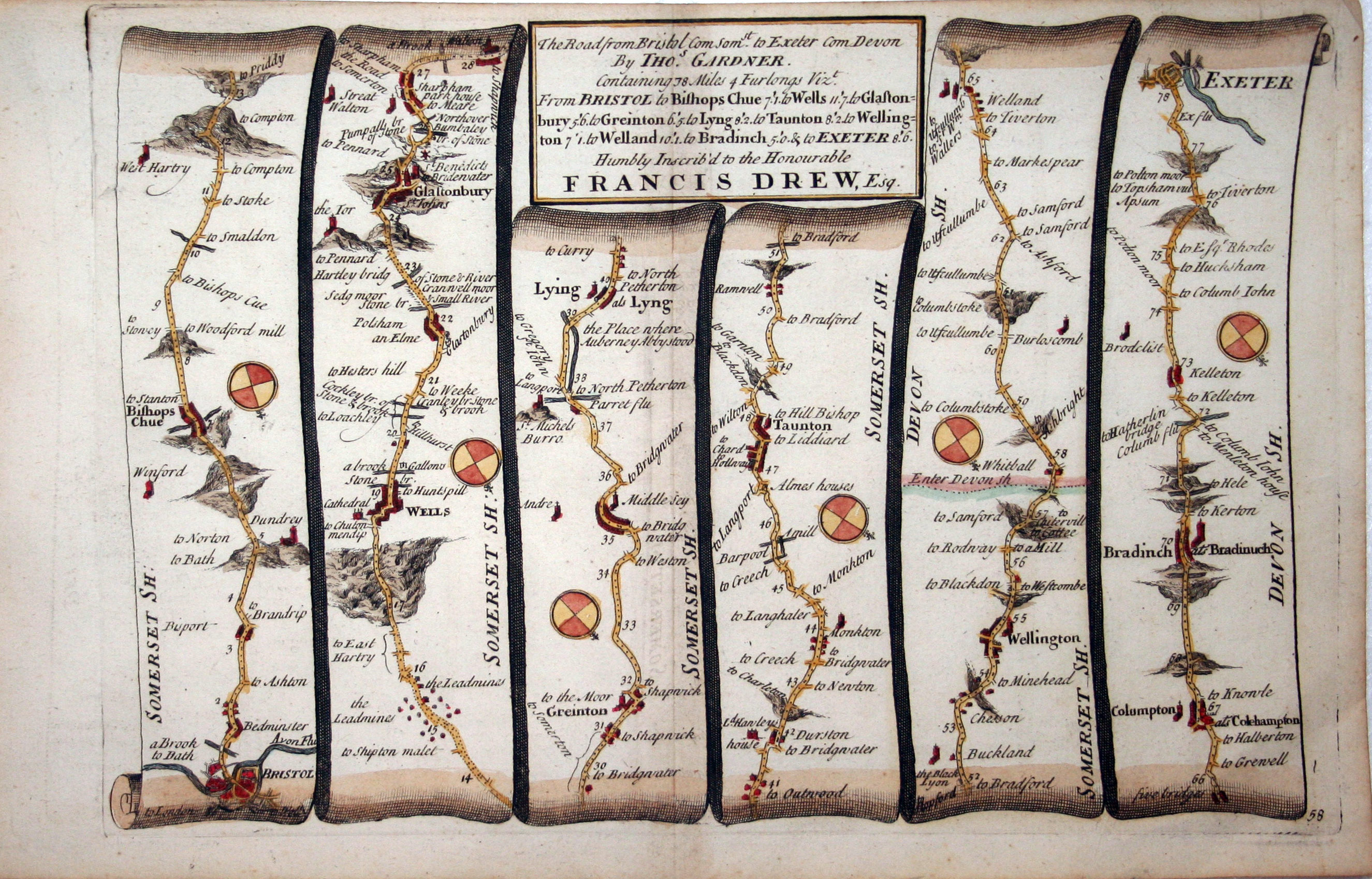 Plate 58 The Road from Bristol to Exeter by Thomas Gardner, 1719  Plate 58 The Road from Bristol to Exeter by Thomas Gardner, 1719