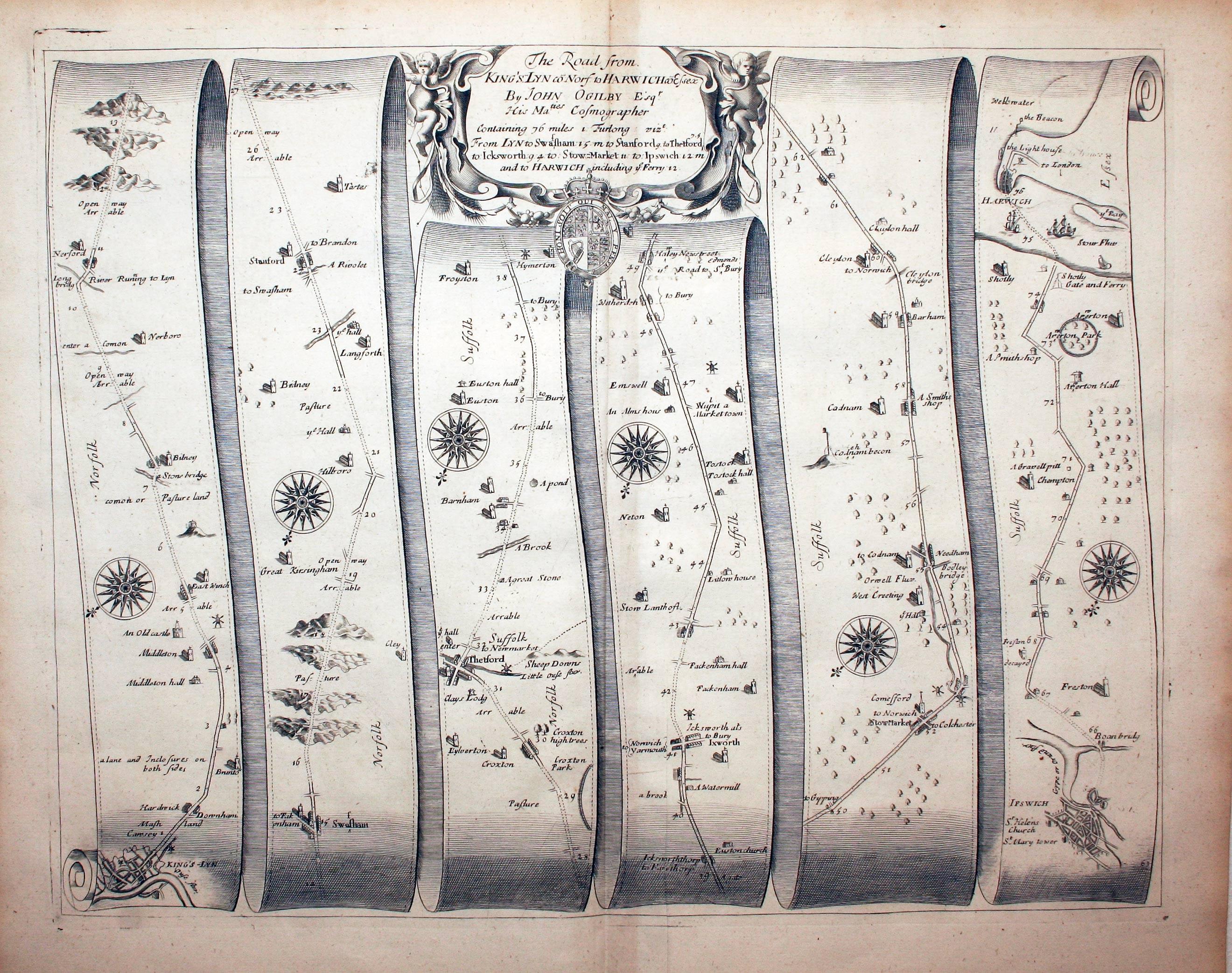 Plate 75 King's Lynn to Harwich John Ogilby Road Map 1675  Plate 75 King's Lynn to Harwich John Ogilby Road Map 1675