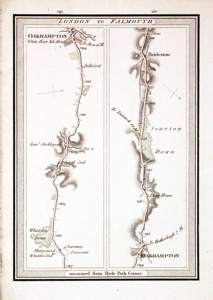 Plate 149 & 150 London to Falmouth road map by Edward Mogg