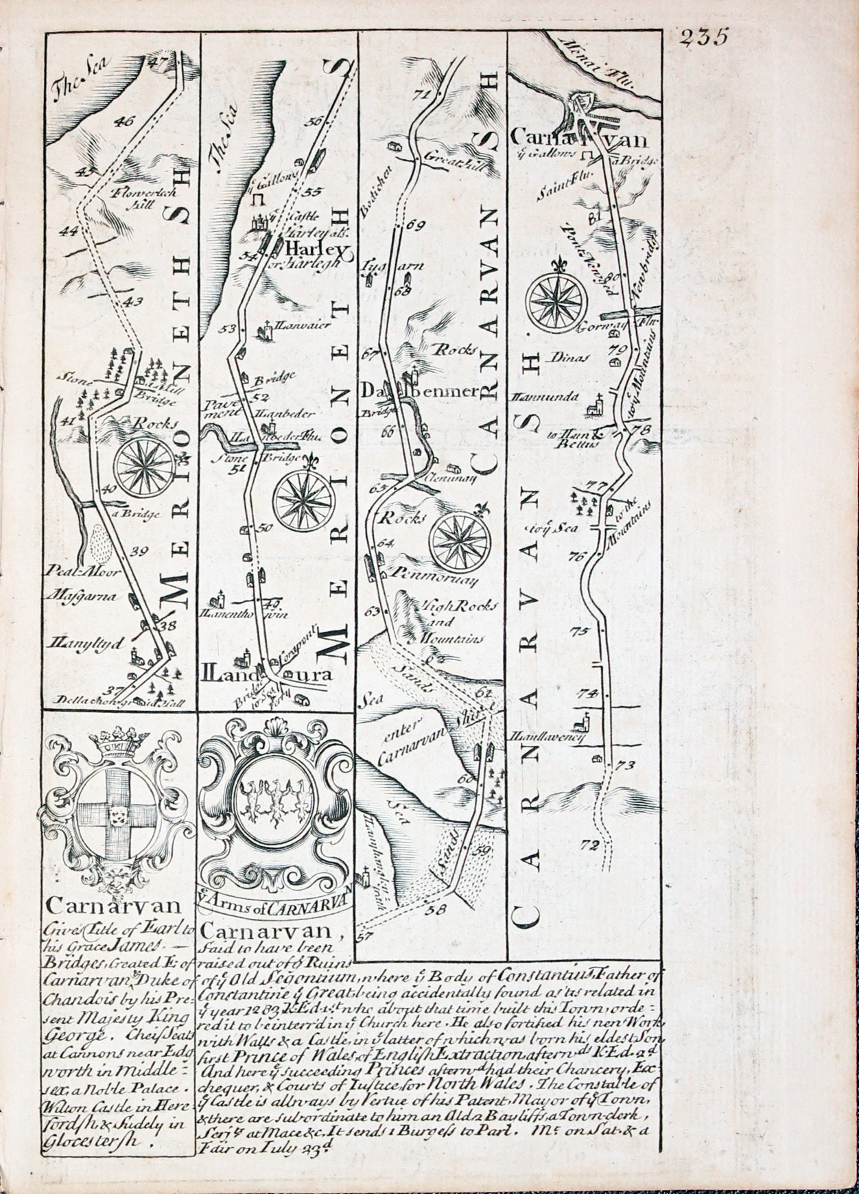 Road map Harlech to Caernarvon John Owen and Emanuel Bowen c.1730  Road map Harlech to Caernarvon John Owen and Emanuel Bowen c.1730