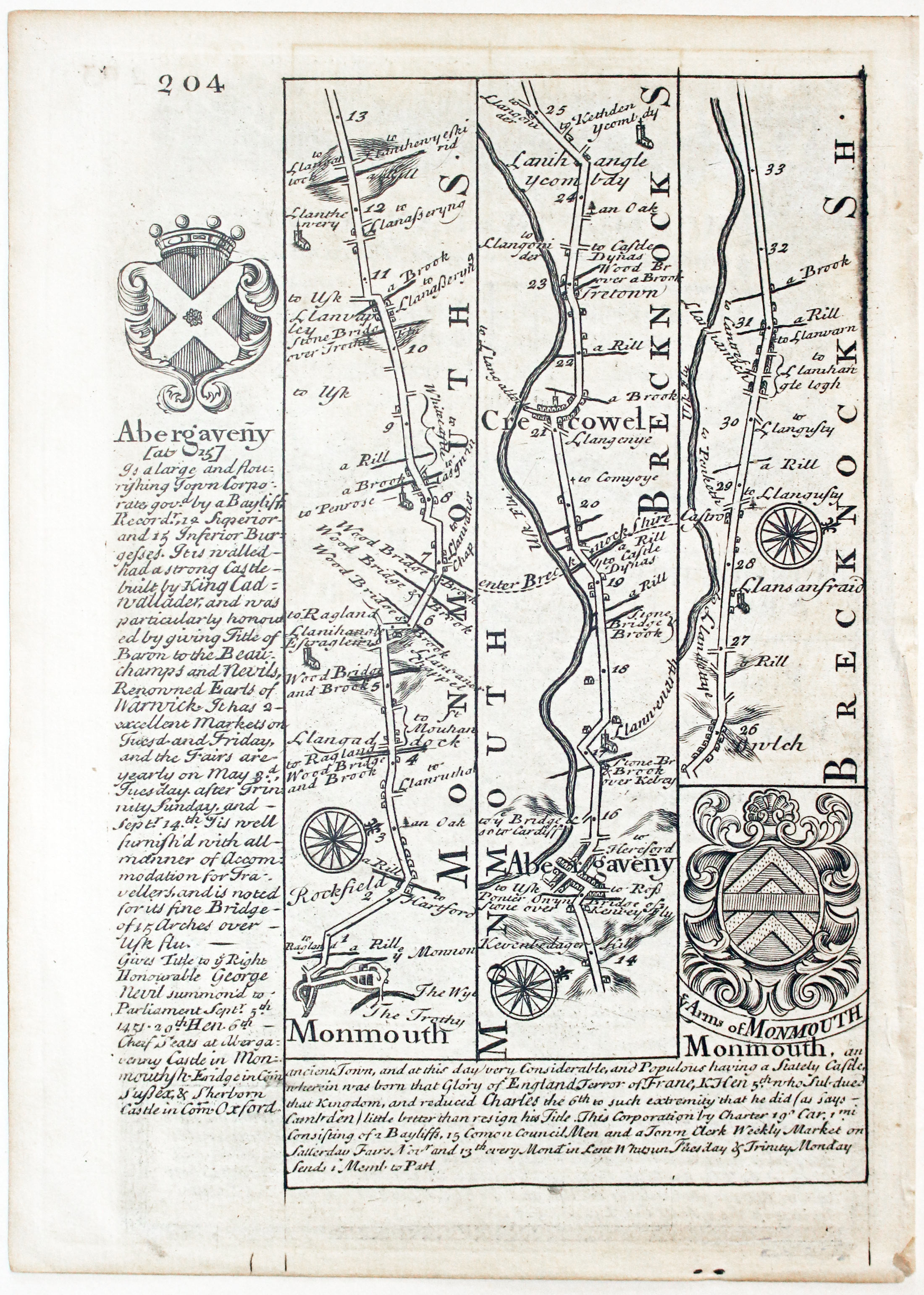 Road map from Monmouth to beyond Crickhowell by John Owen and Emanuel Bowen, c.1730