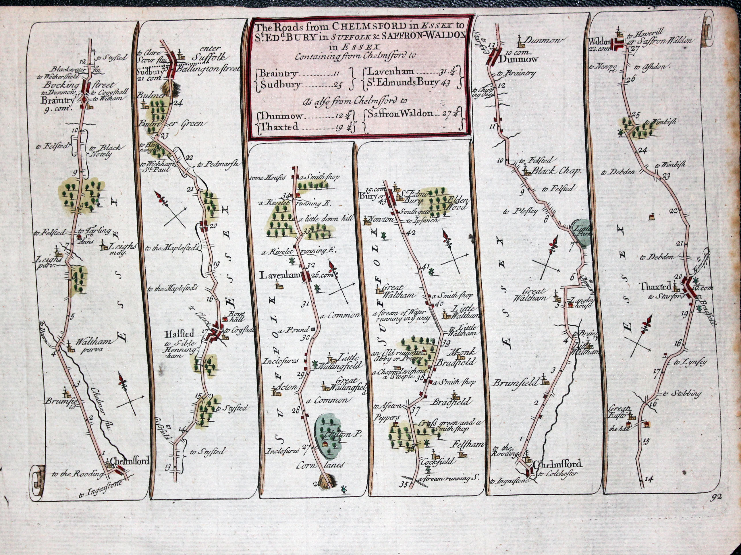 John Senex Road Map published in 1719 Chelmsford to Bury St. Edmunds in Suffolk