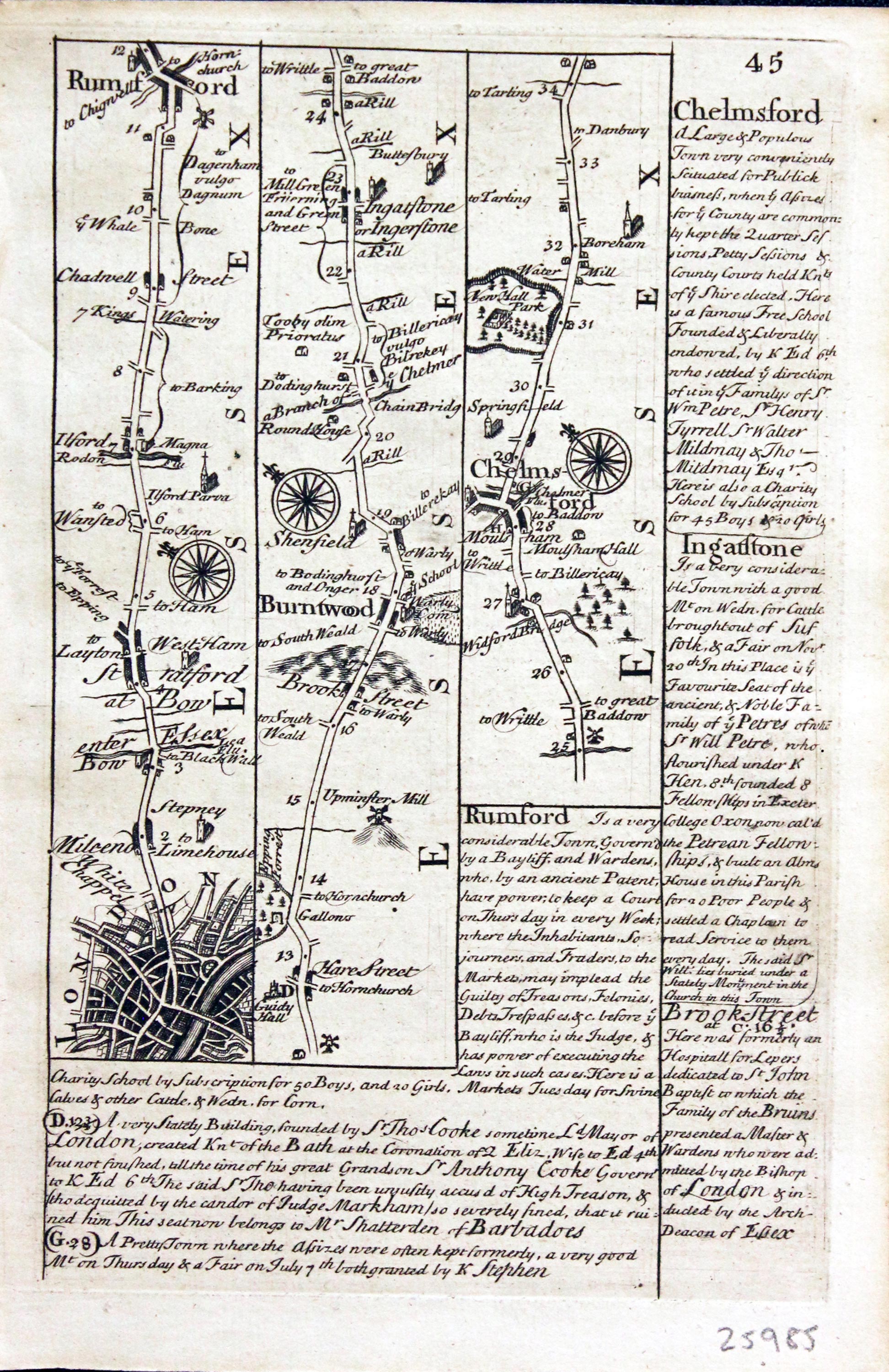 Road map London to Harwich. Owen/Bowen c.1730