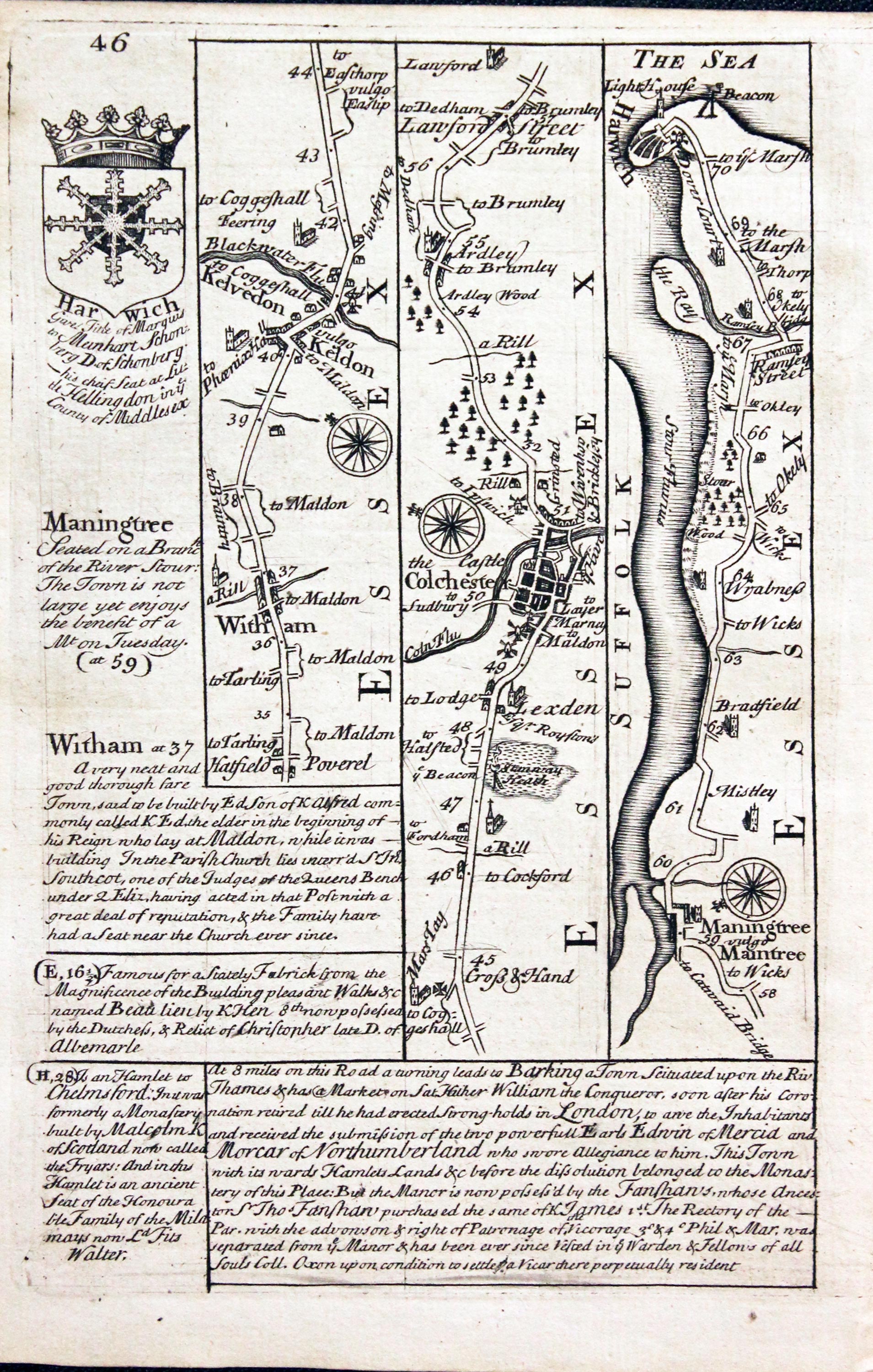 Road map London to Harwich. Owen/Bowen c.1730