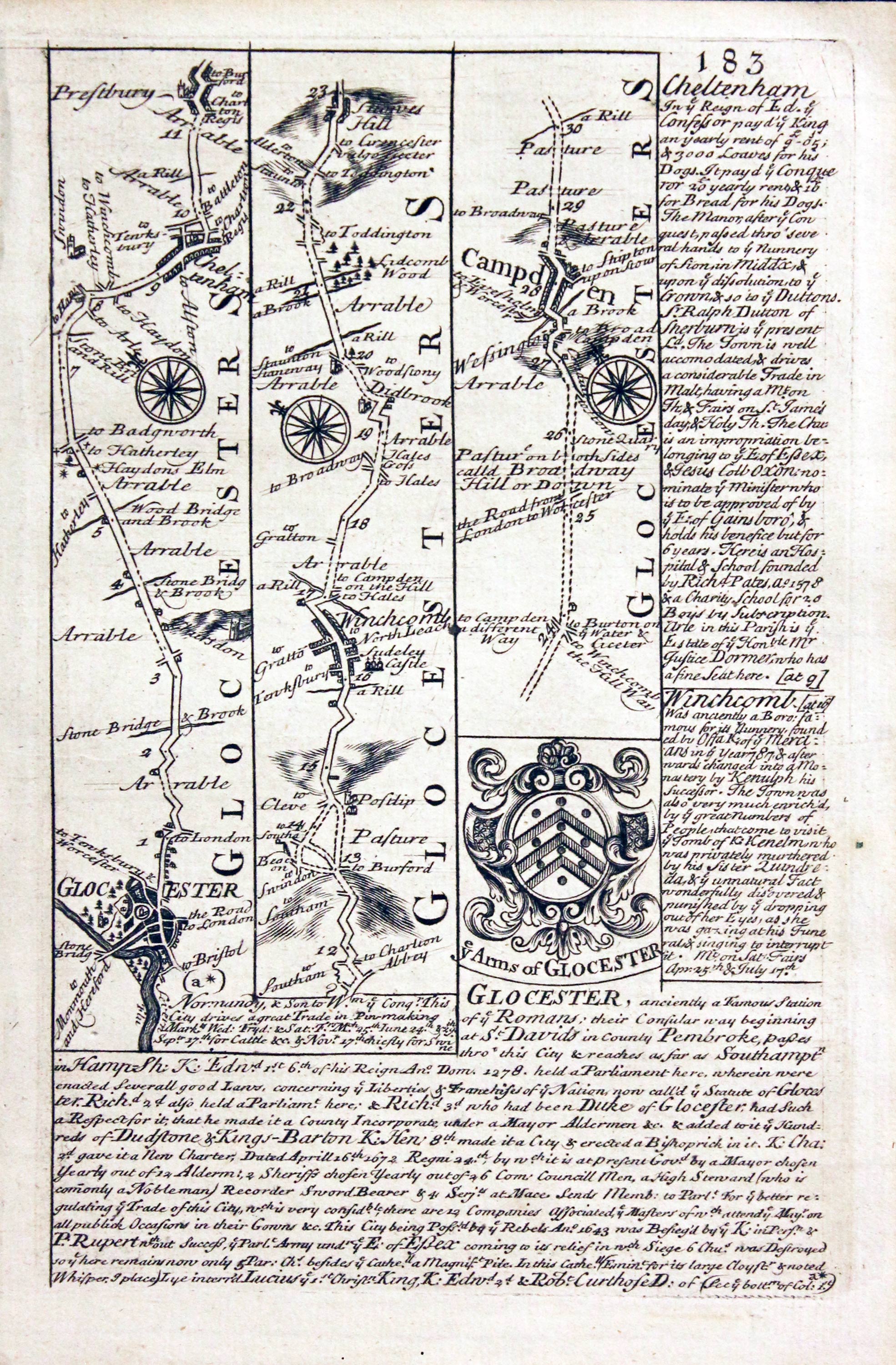 Road map Gloucester, Campden, Stratford, Warwick, Coventry Owen/Bowen c.1730