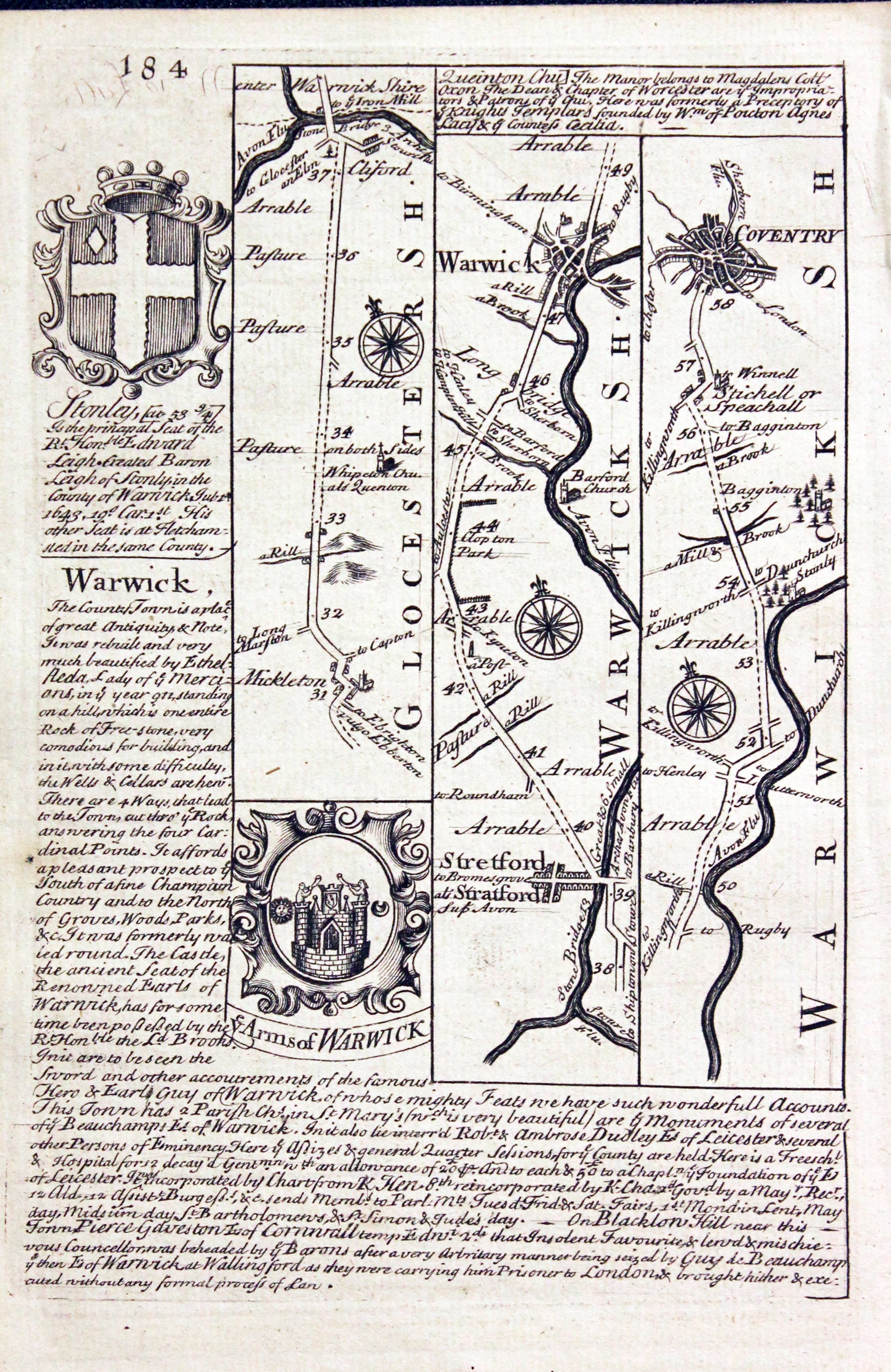 Road map Gloucester, Campden, Stratford, Warwick, Coventry Owen/Bowen c.1730